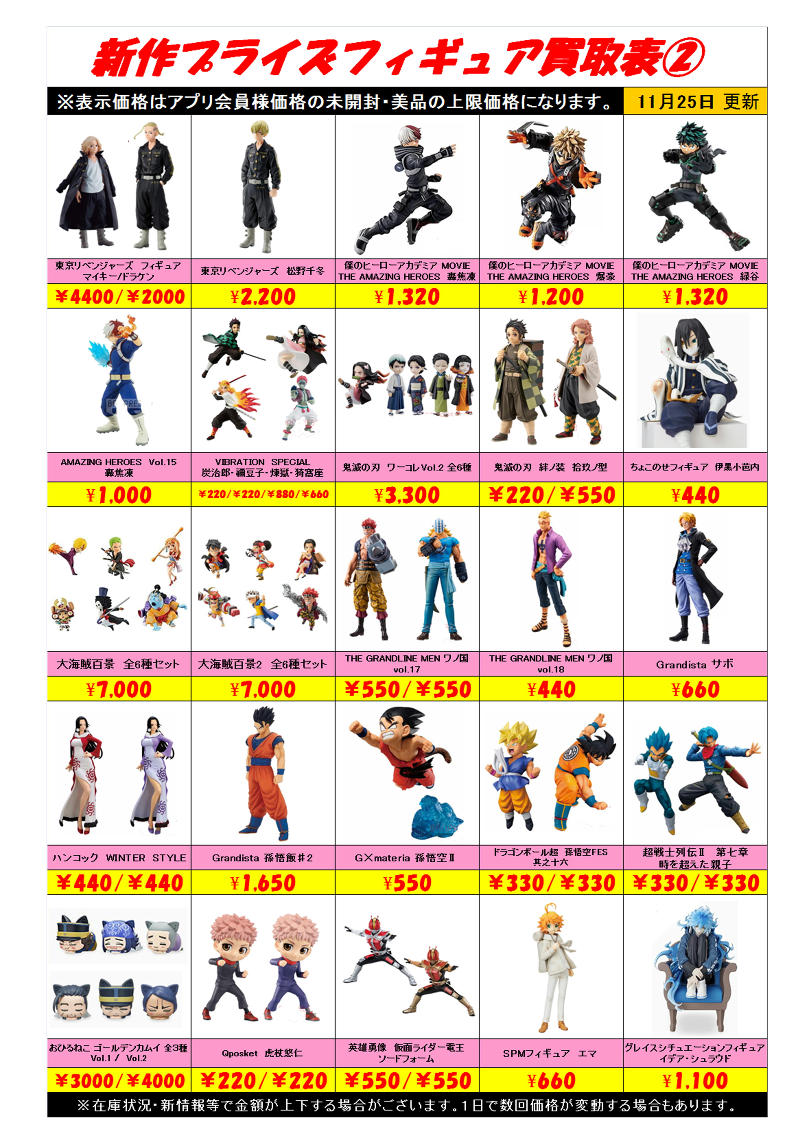新作プライズフィギュア買取表更新しました！ 11/25 | 千葉鑑定団船橋店