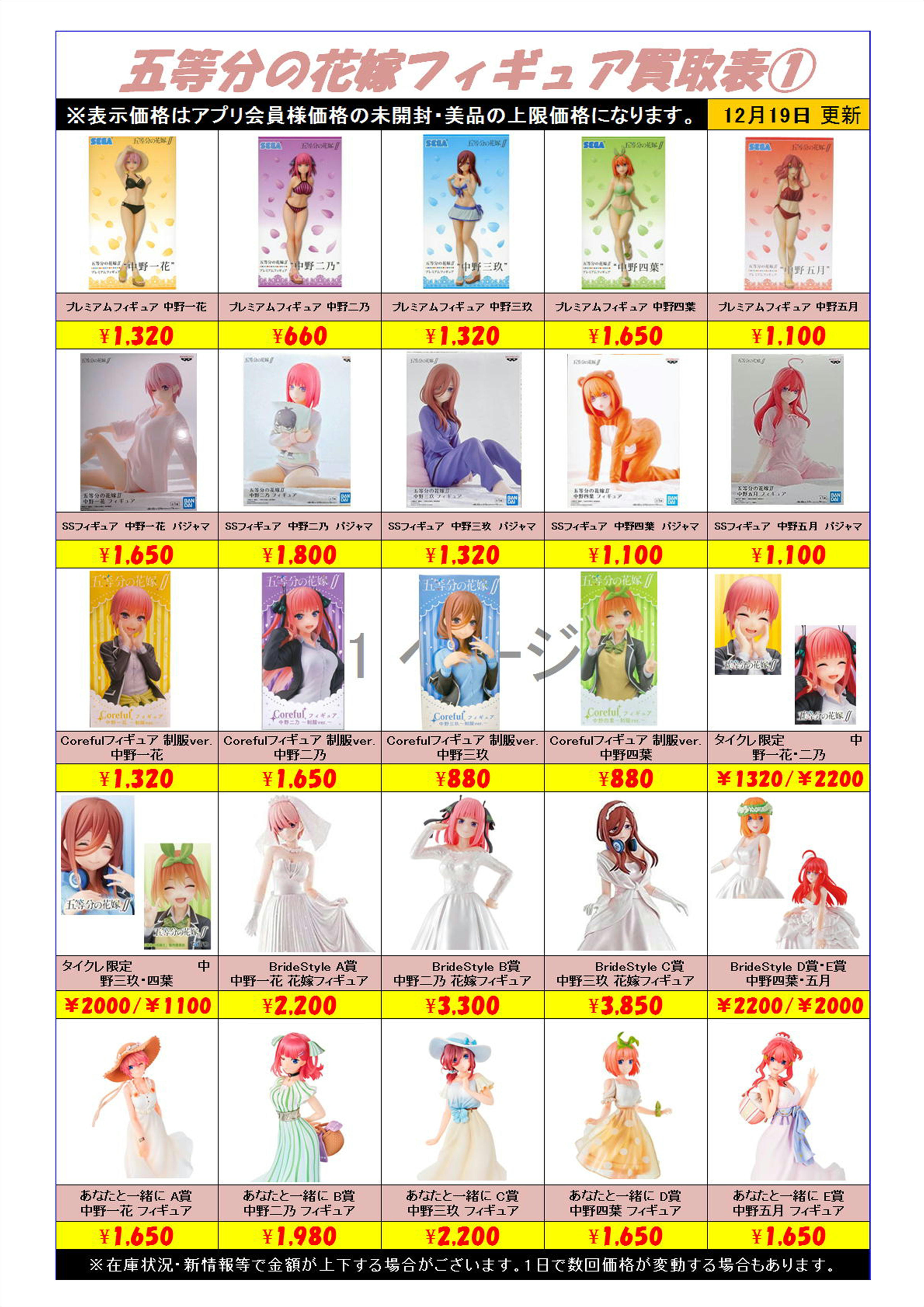 五等分の花嫁フィギュア全リスト買取表、更新しました！！ 12/19 