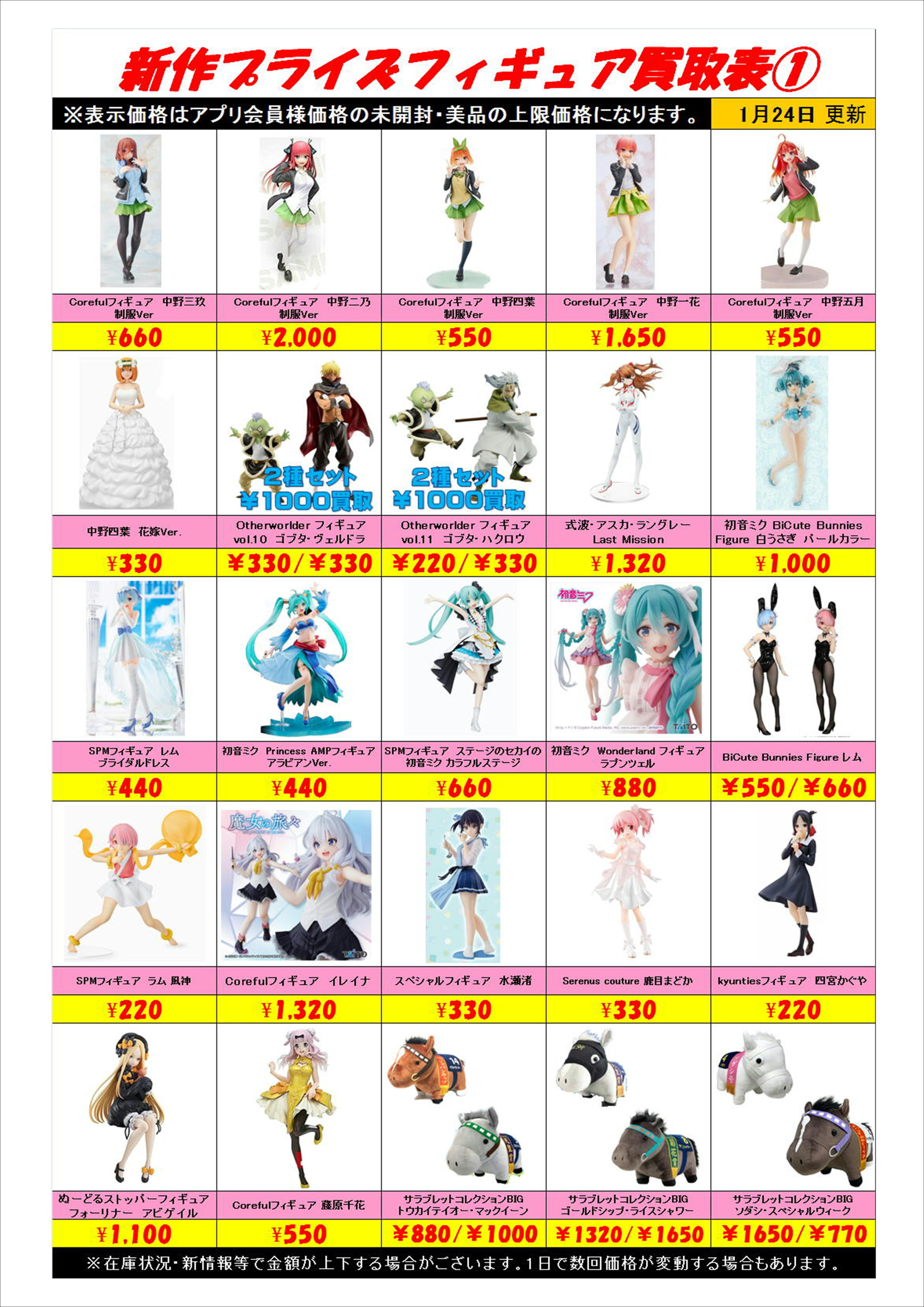 新作プライズフィギュア買取表更新しました！ 1/24 | 千葉鑑定団船橋店