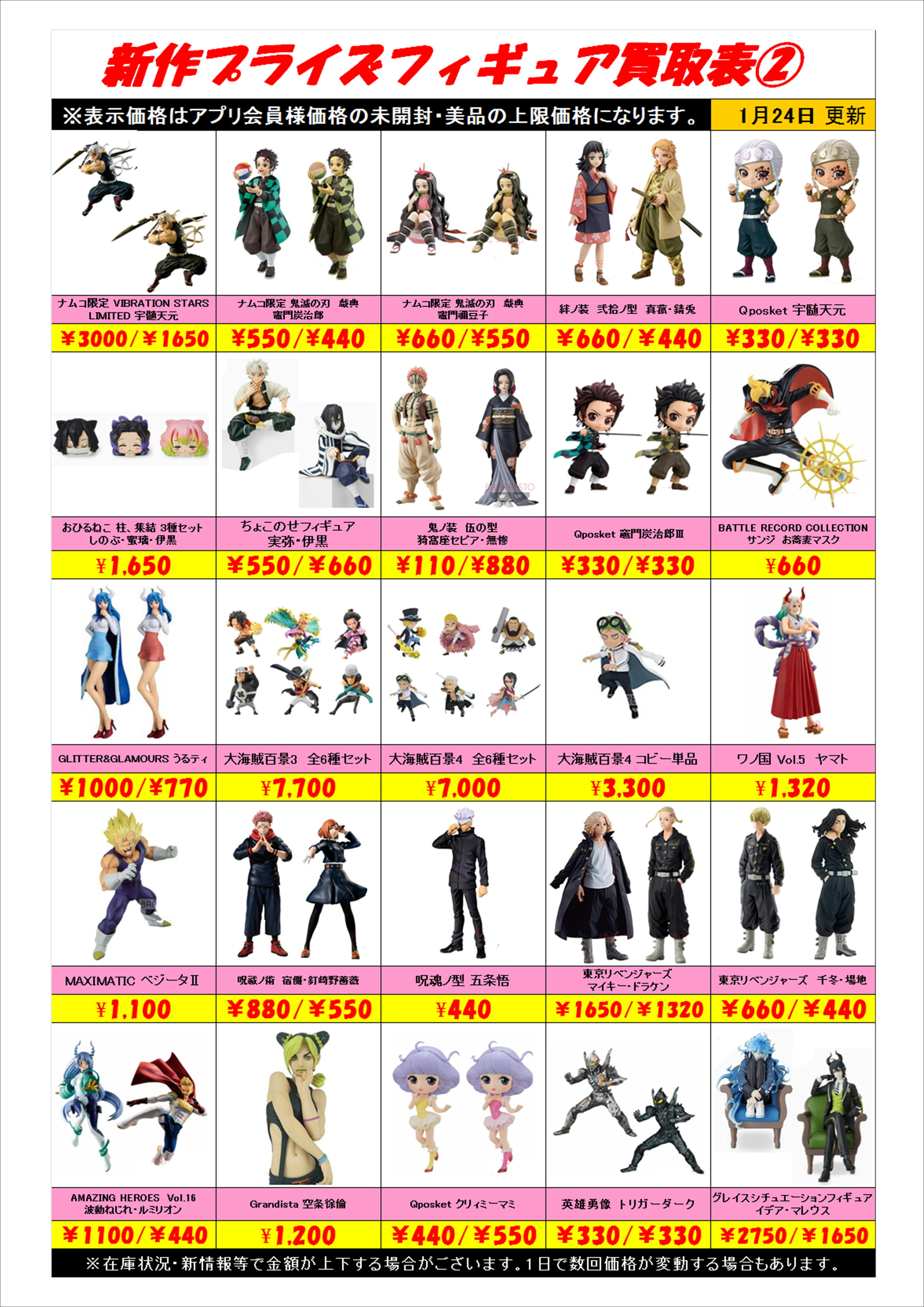新作プライズフィギュア買取表更新しました！ 1/24 | 千葉鑑定団船橋店