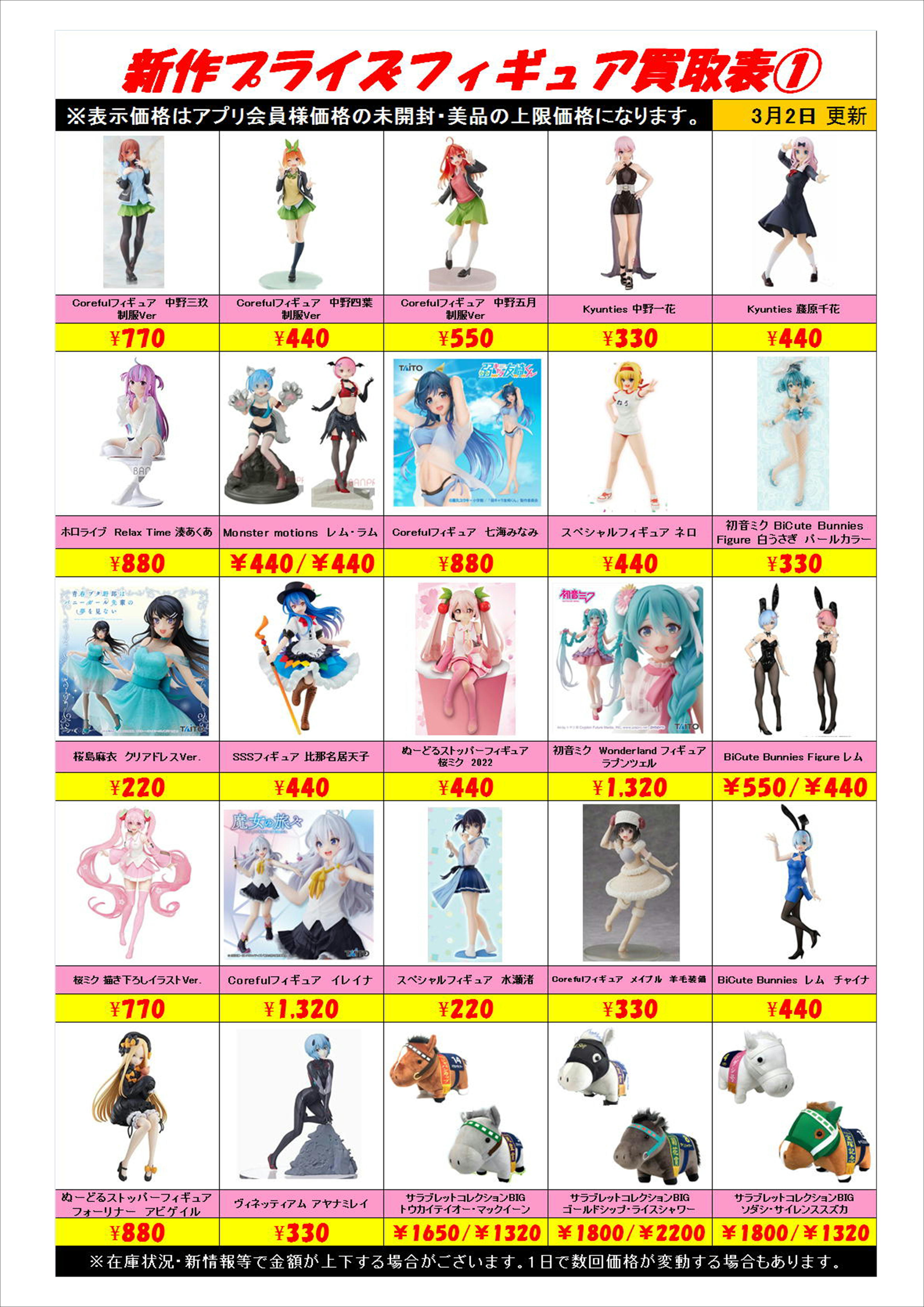 新作プライズフィギュア買取表更新しました！ 3/2 | 千葉鑑定団船橋店
