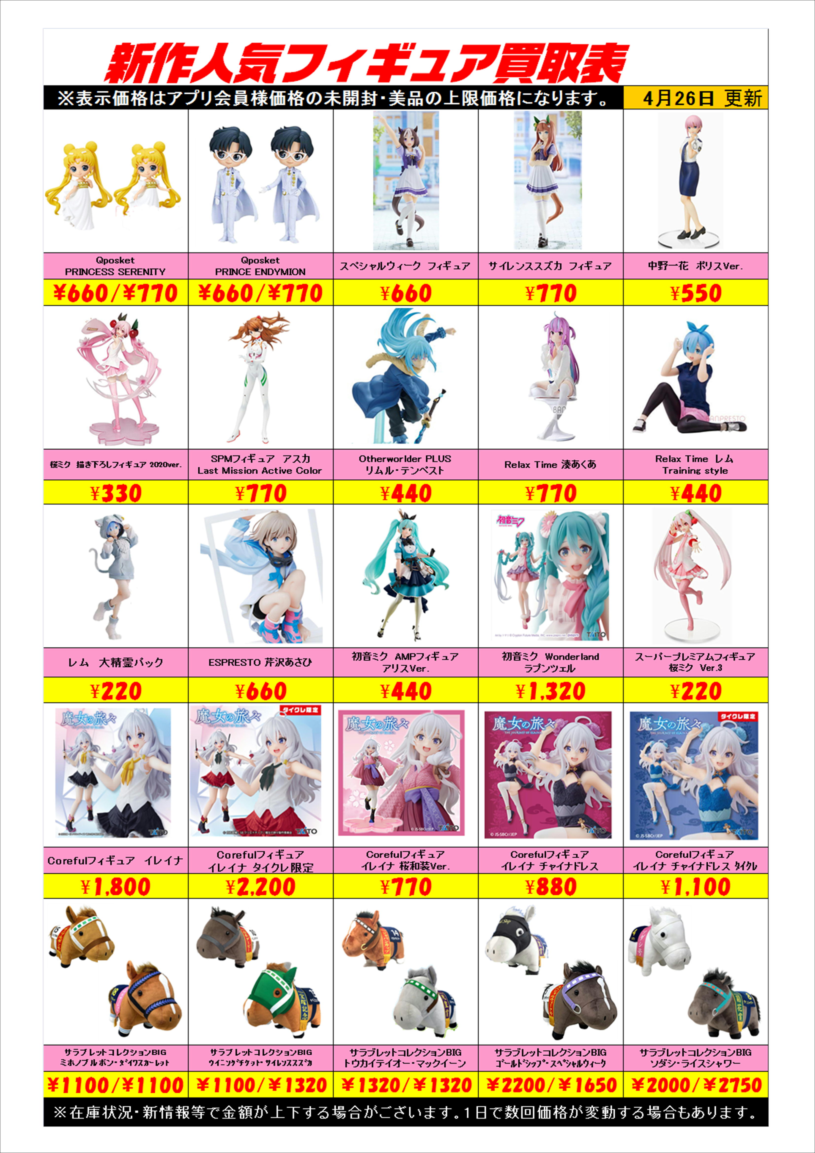 新作プライズフィギュア買取表更新しました！ 4/26 | 千葉鑑定団船橋店