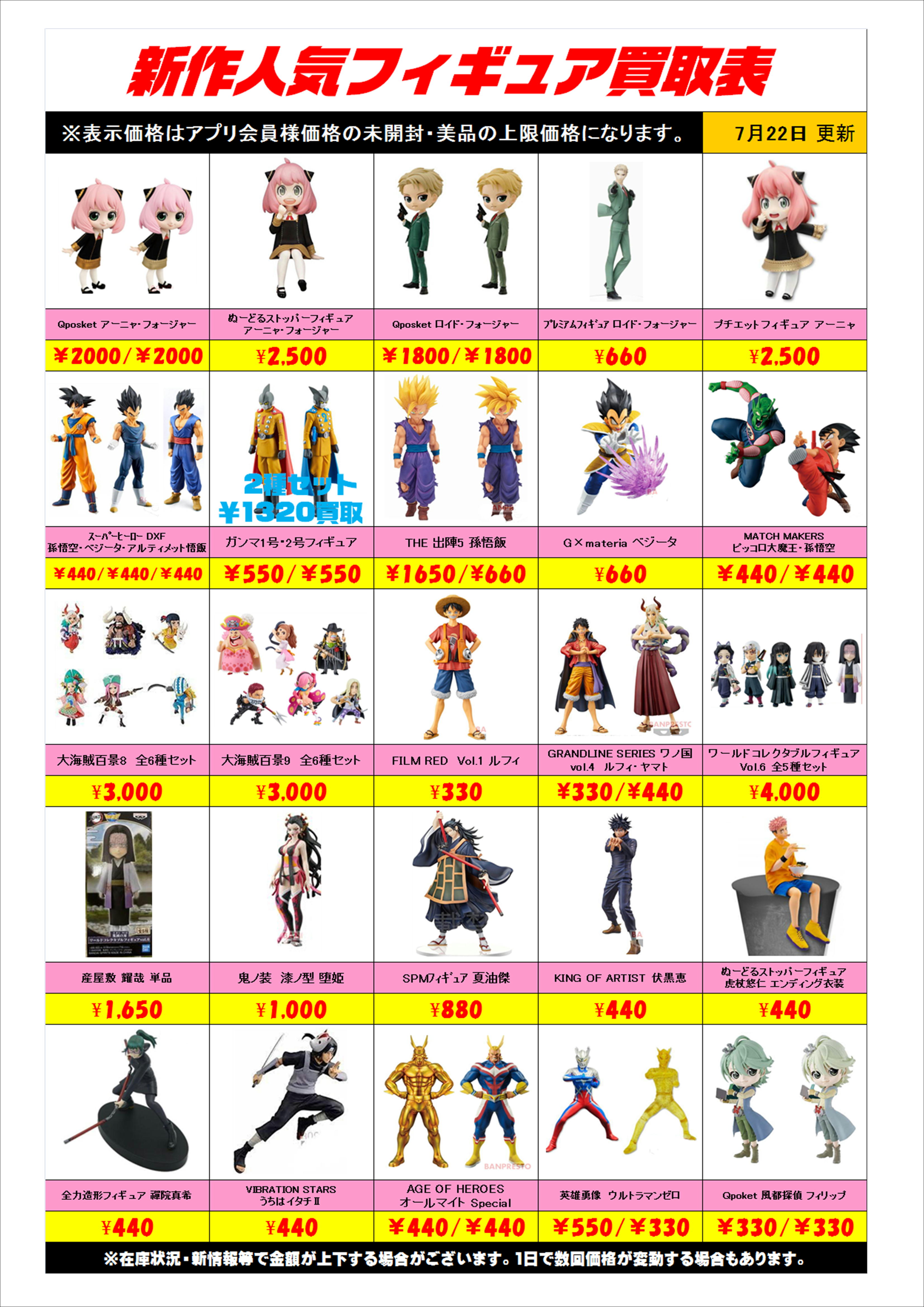 新作プライズフィギュア買取表更新しました！ 7/22 | 千葉鑑定団船橋店