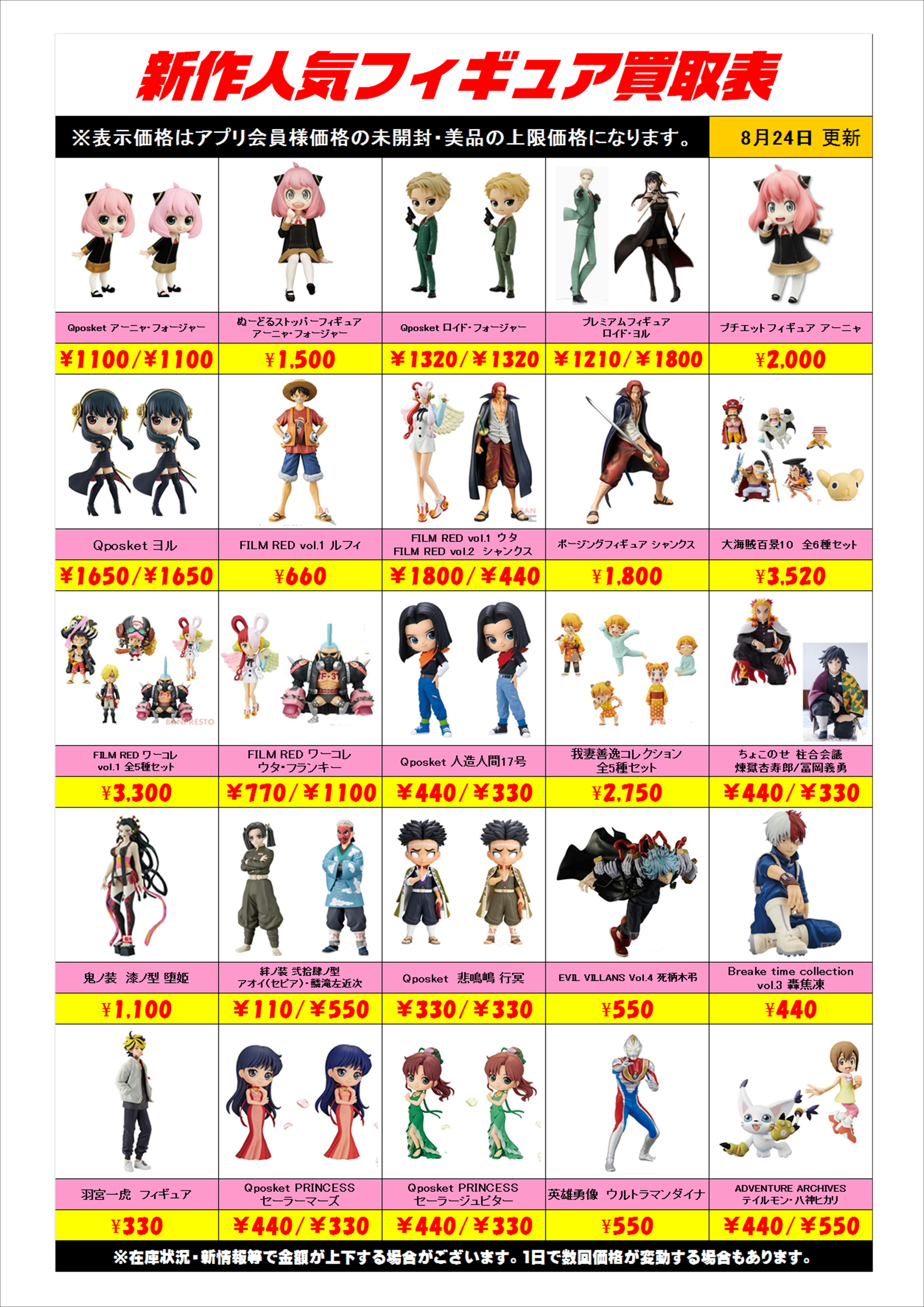 新作プライズフィギュア買取表更新しました！ 8/24 | 千葉鑑定団船橋店