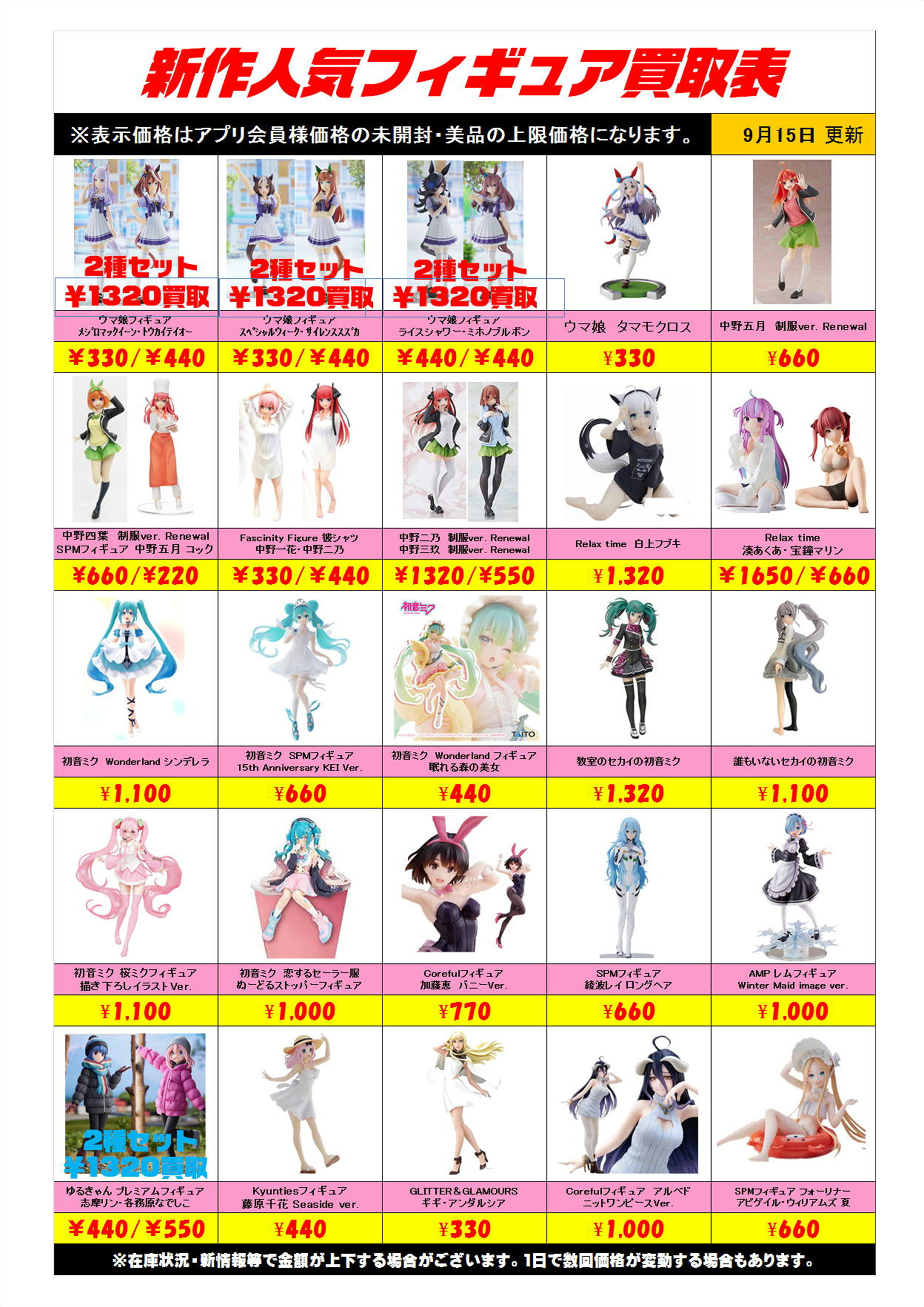 新作プライズフィギュア買取表更新しました！ 9/15 | 千葉鑑定団船橋店