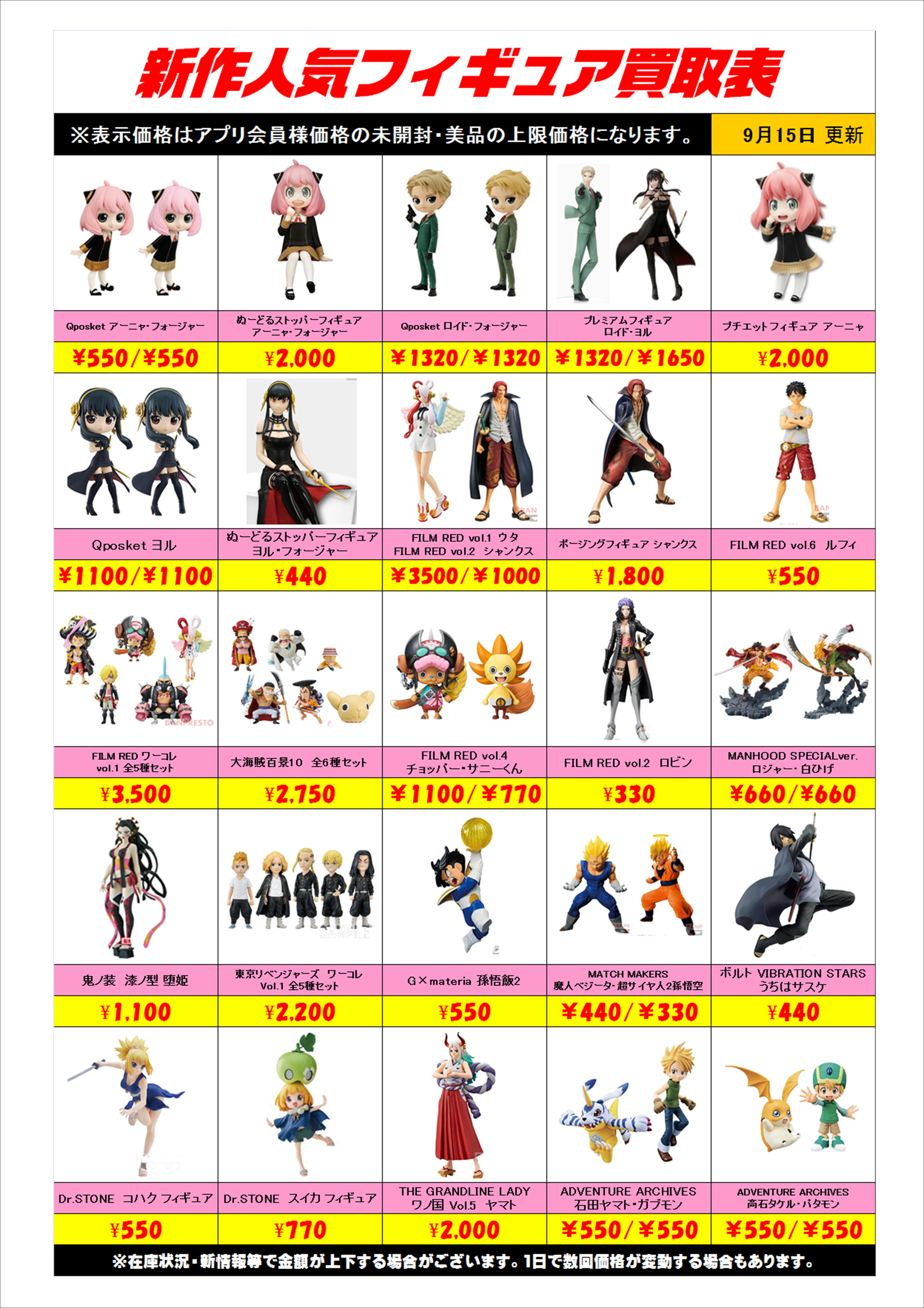 新作プライズフィギュア買取表更新しました！ 9/15 | 千葉鑑定団船橋店