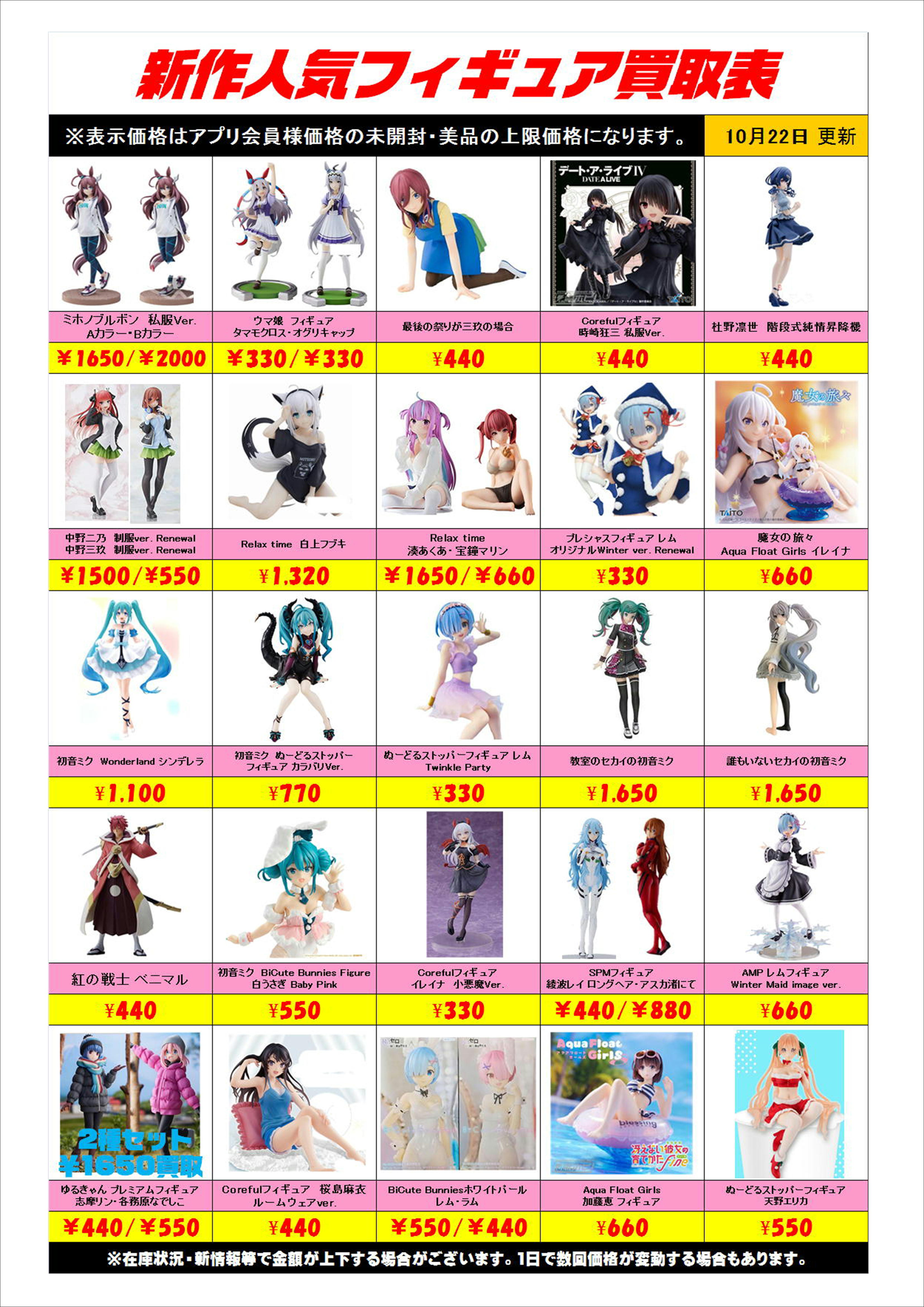 新作プライズフィギュア買取表更新しました！ 10/21・10/22 | 千葉鑑定 