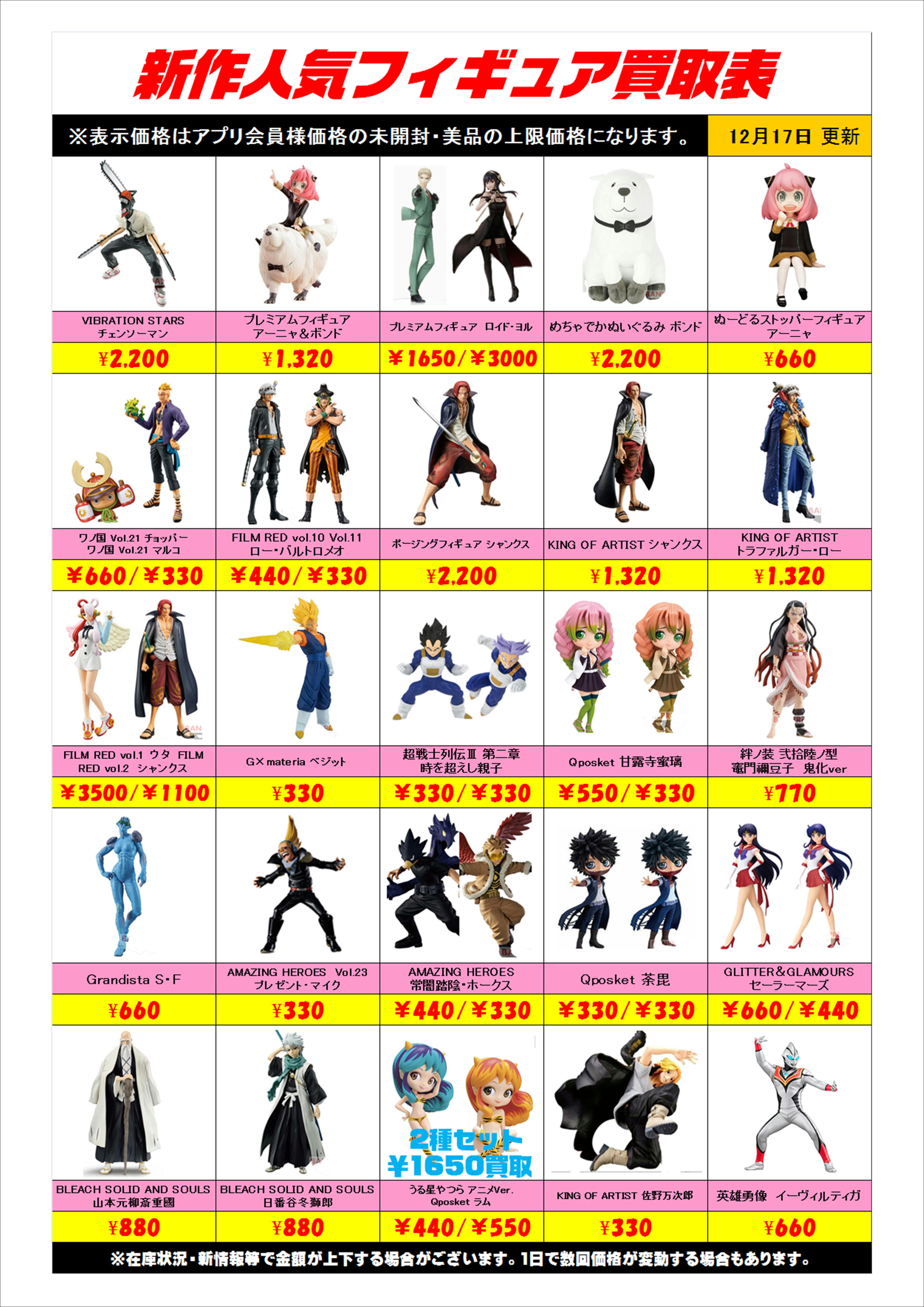 新作プライズフィギュア買取表更新しました！ 12/17 | 千葉鑑定団船橋店