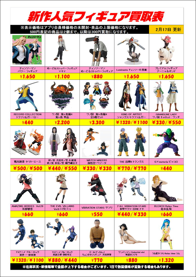 新作プライズフィギュア買取表更新しました！ 2/17 | 千葉鑑定団船橋店