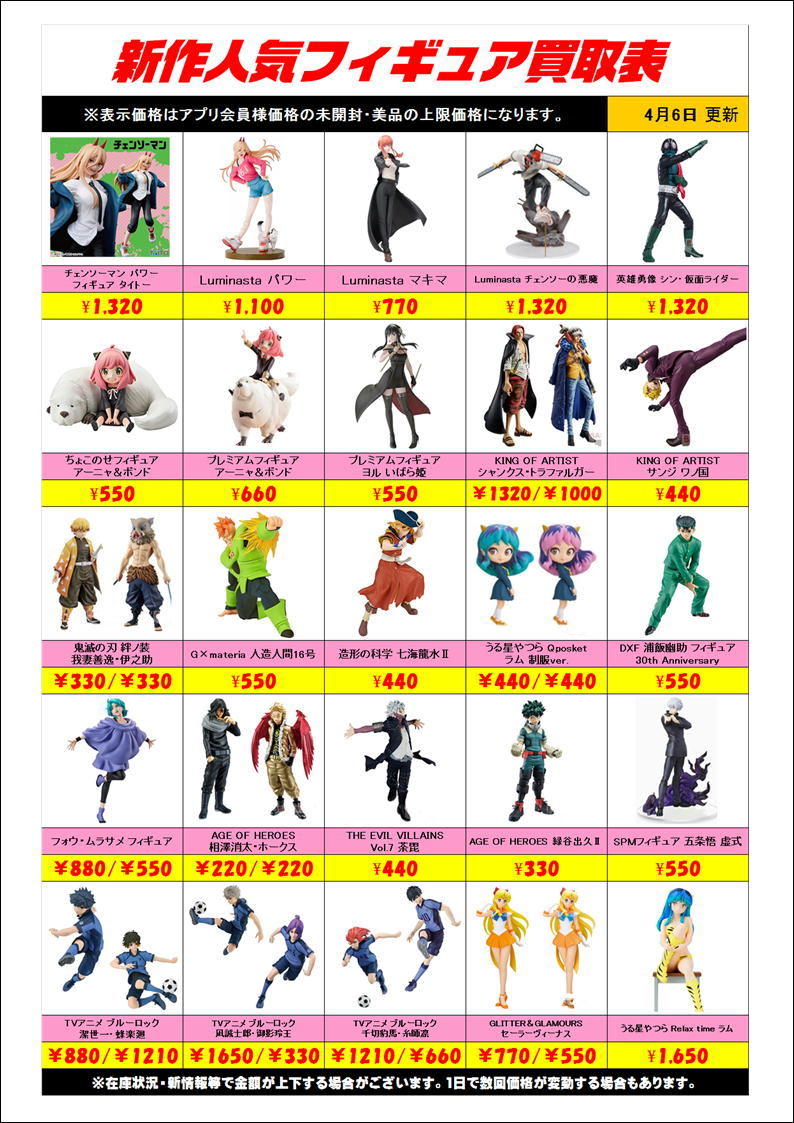 新作プライズフィギュア買取表更新しました！ 4/6 | 千葉鑑定団船橋店