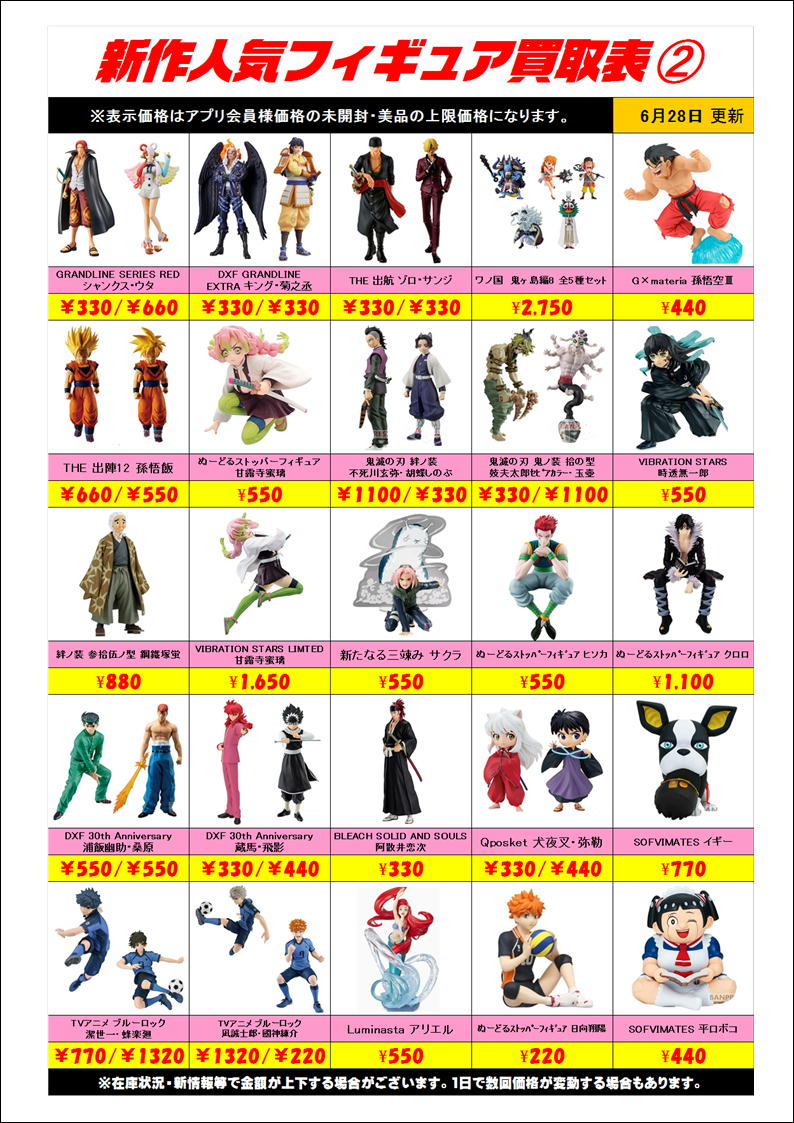 新作プライズフィギュア買取表更新しました！ 6/28 | 千葉鑑定団船橋店