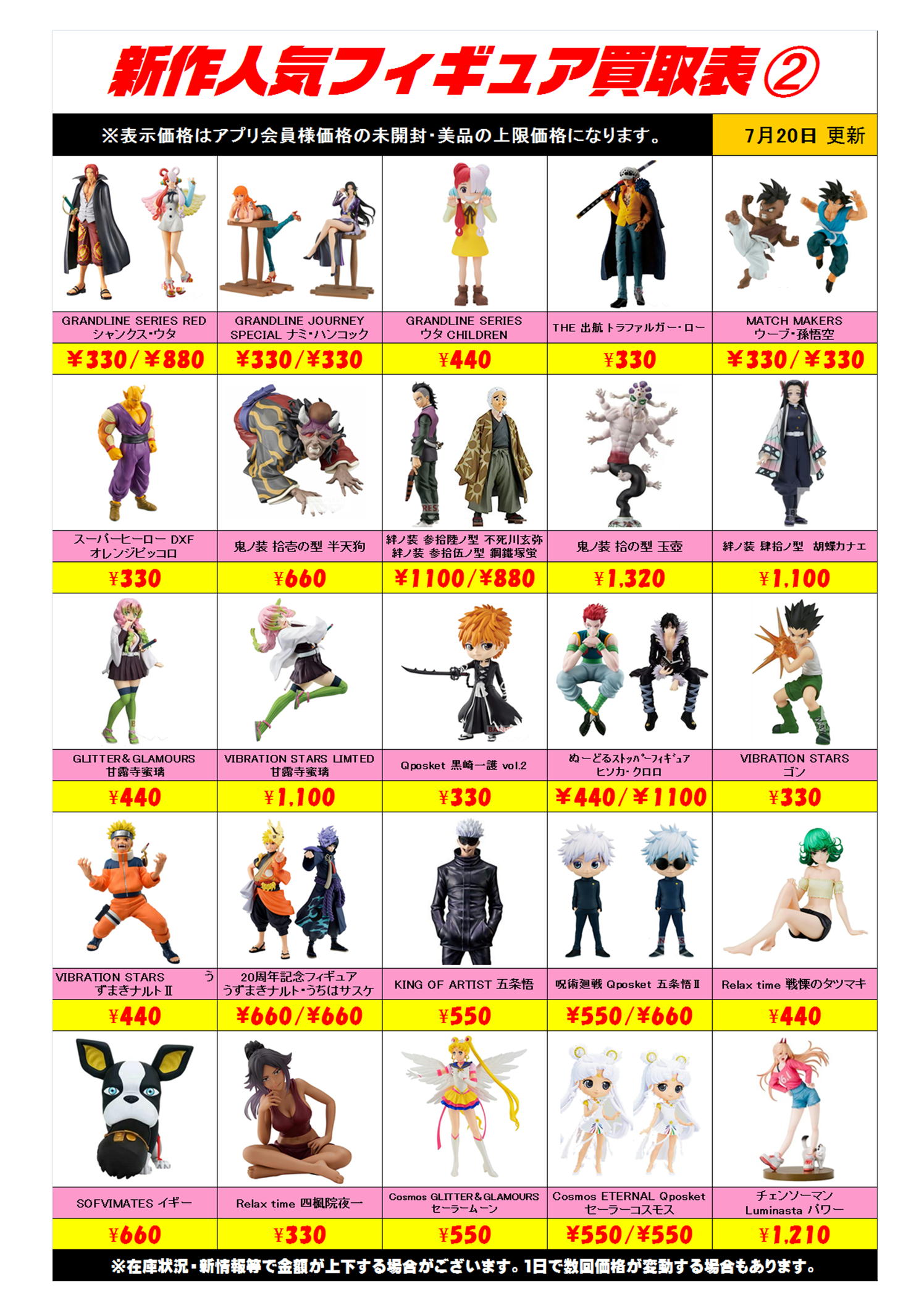 新作プライズフィギュア買取表更新しました！ 7/20 | 千葉鑑定団船橋店