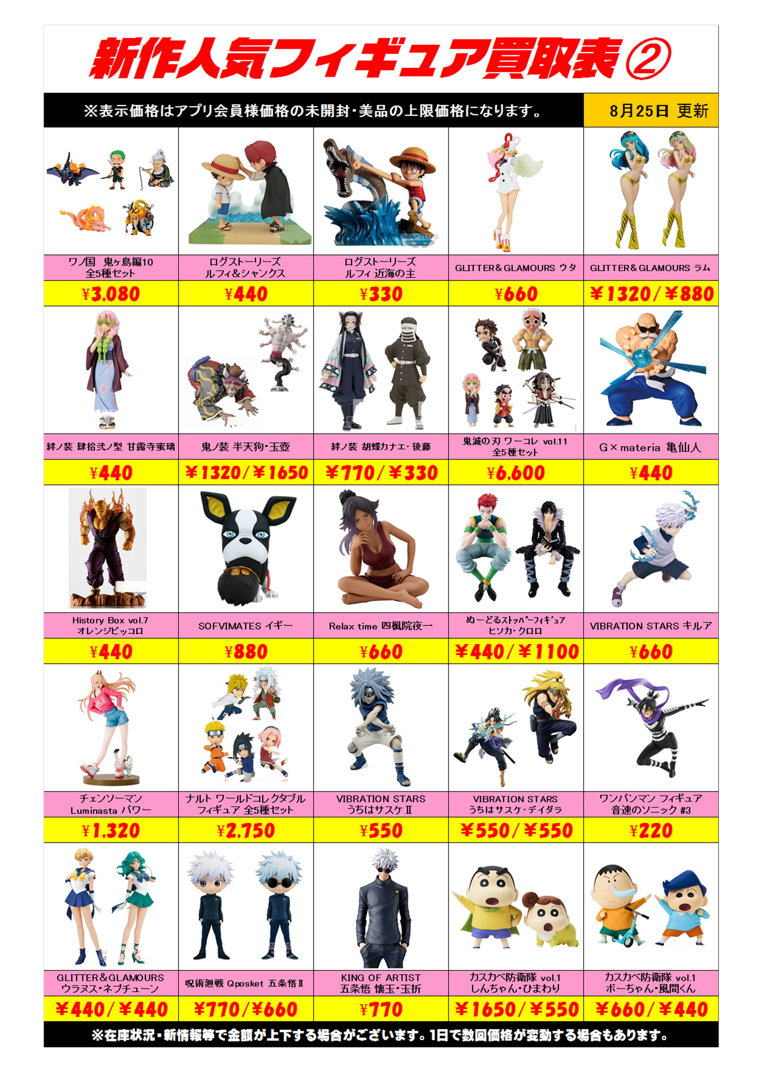 新作プライズフィギュア買取表更新しました！ 8/25 | 千葉鑑定団船橋店