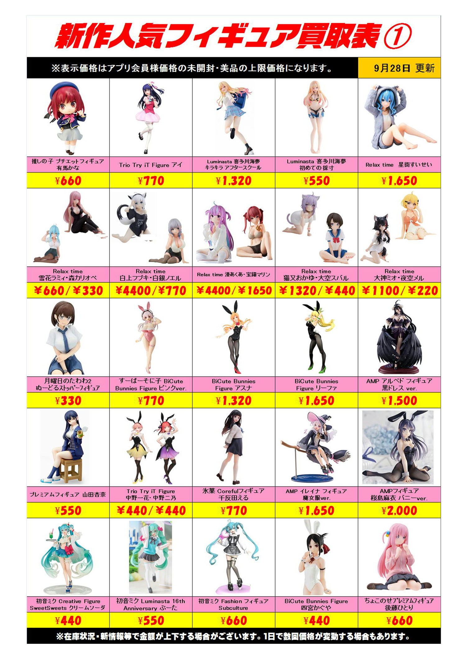新作プライズフィギュア買取表更新しました！ 9/28～ | 千葉鑑定団船橋店
