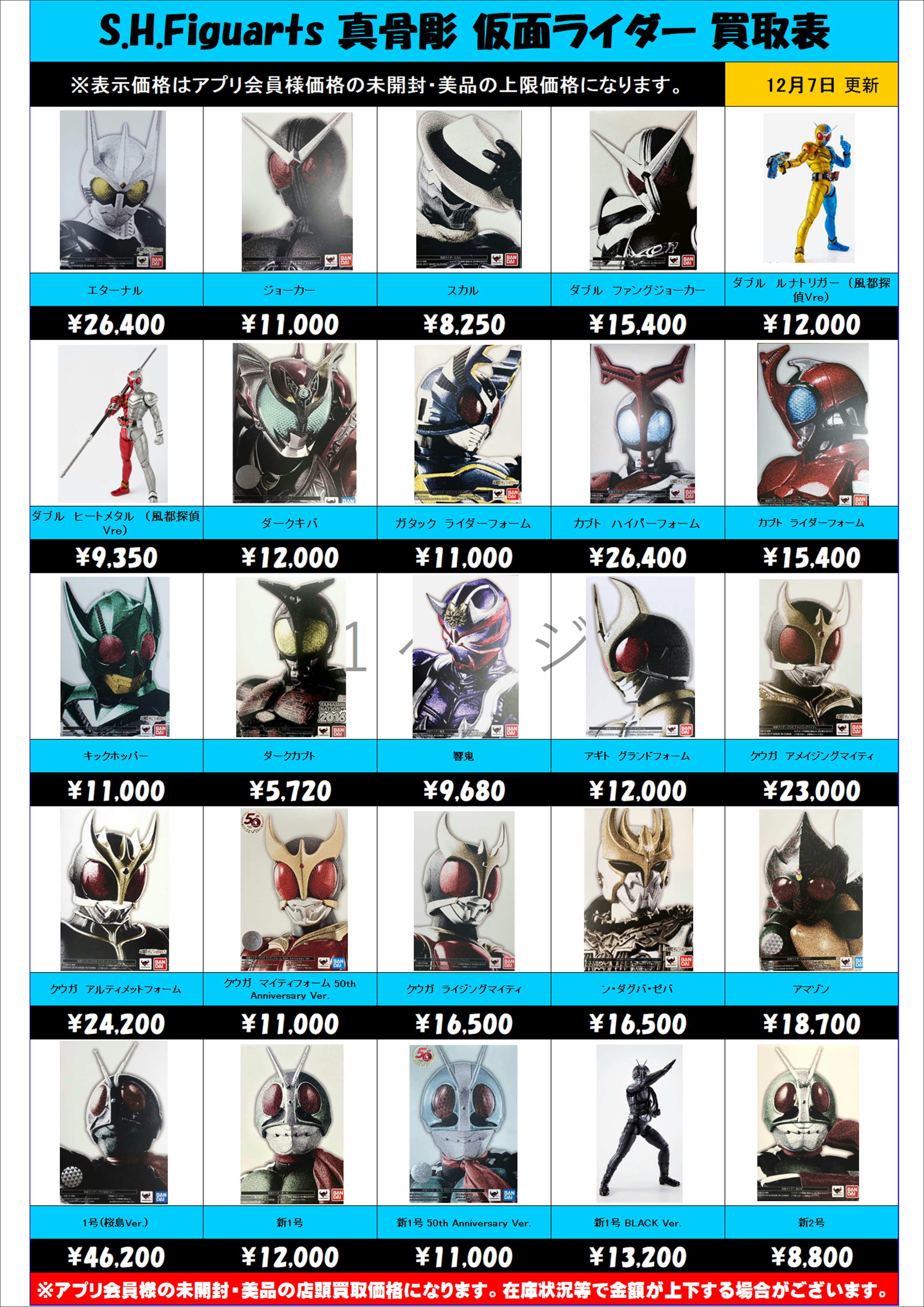 S.H.Figuarts 仮面ライダー 真骨彫 買取表更新しました！ 12/7 