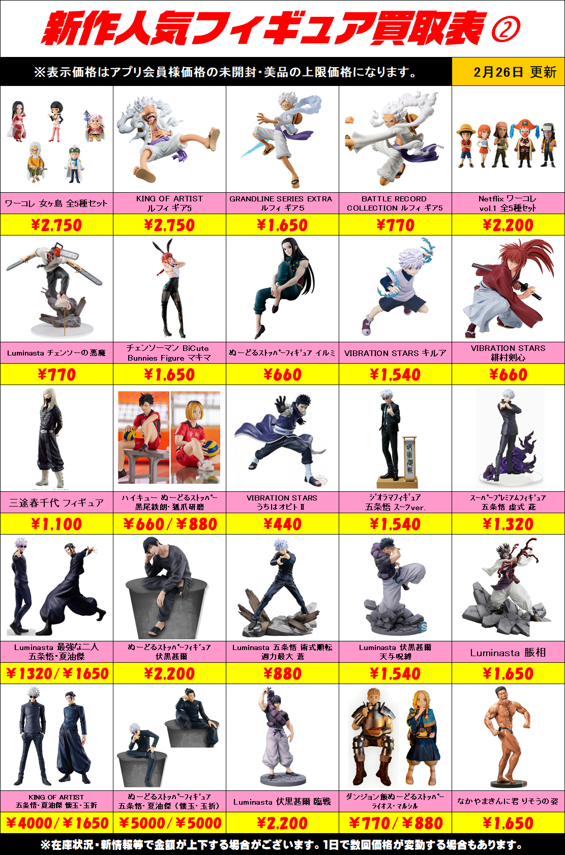 新作プライズフィギュア買取表更新しました！ 2/26～ | 千葉鑑定団船橋店