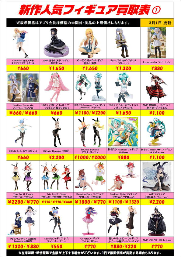 新作プライズフィギュア買取表更新しました！ 3/1～ | 千葉鑑定団船橋店