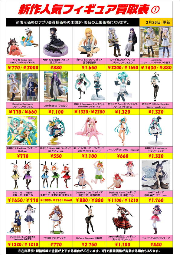 新作プライズフィギュア買取表更新しました！ 3/26～ | 千葉鑑定
