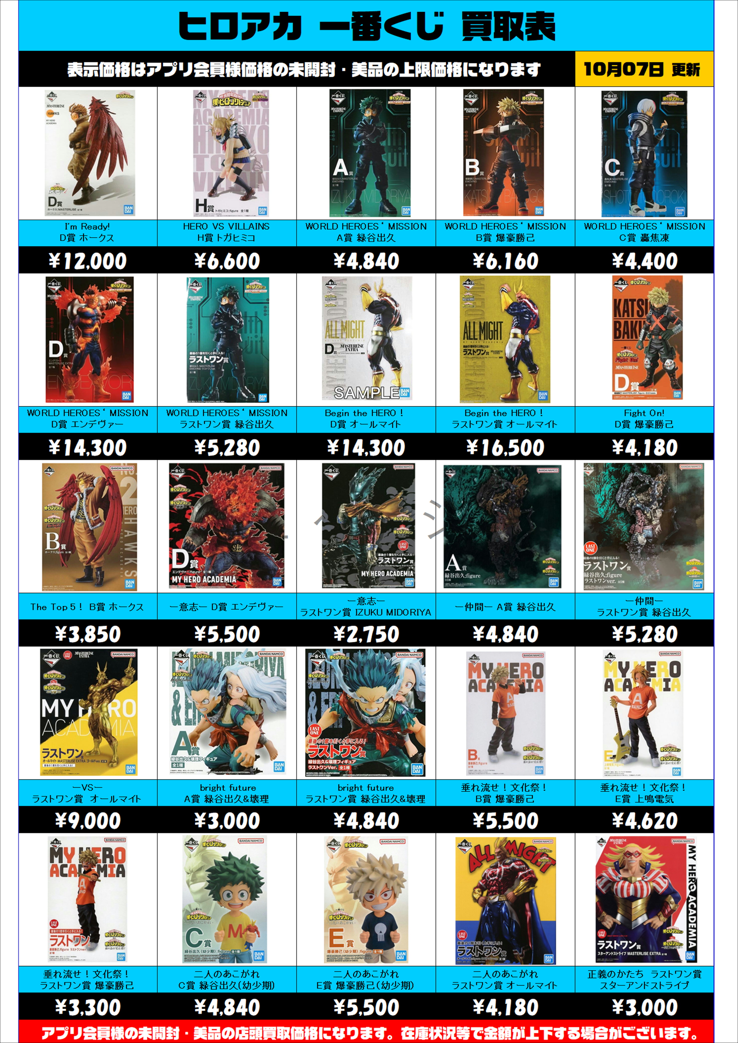 ヒロアカ 一番くじ 買取表更新しました！ 10/7～ | 千葉鑑定団船橋店 