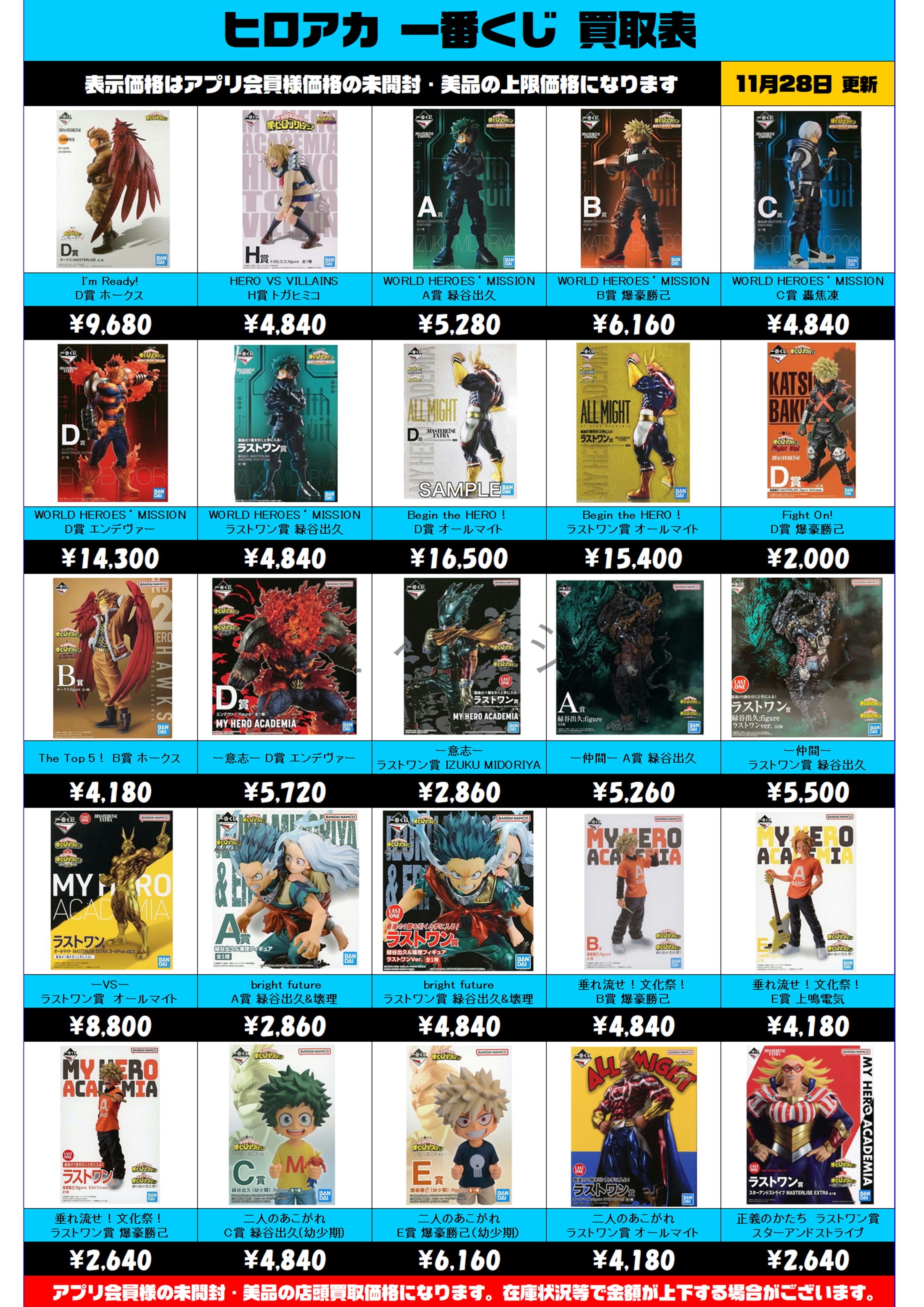 ヒロアカ 一番くじ 買取表更新しました！ 11/28～ | 千葉鑑定団船橋店