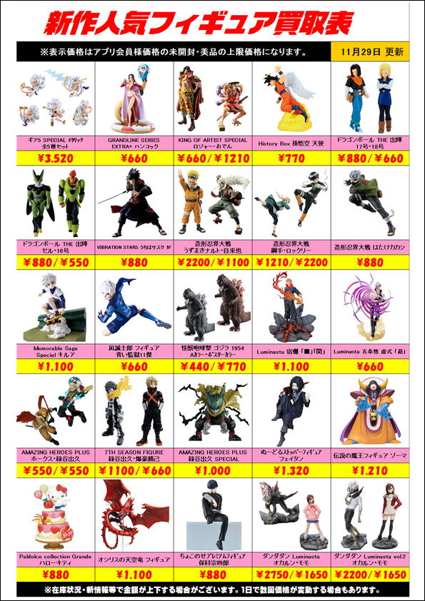 新作プライズフィギュア買取表更新しました！ 11/29～ | 千葉鑑定団船橋店