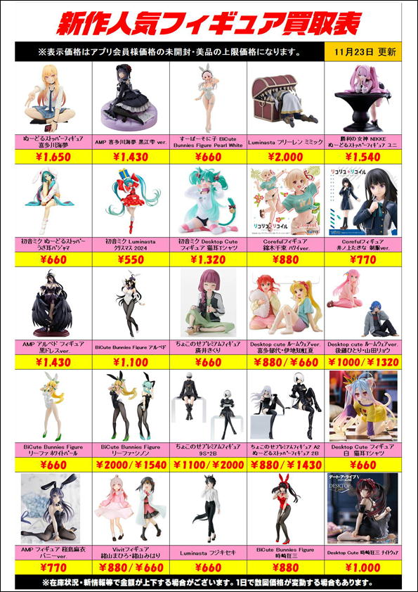 新作プライズフィギュア買取表更新しました！ 11/23～ | 千葉鑑定団船橋店