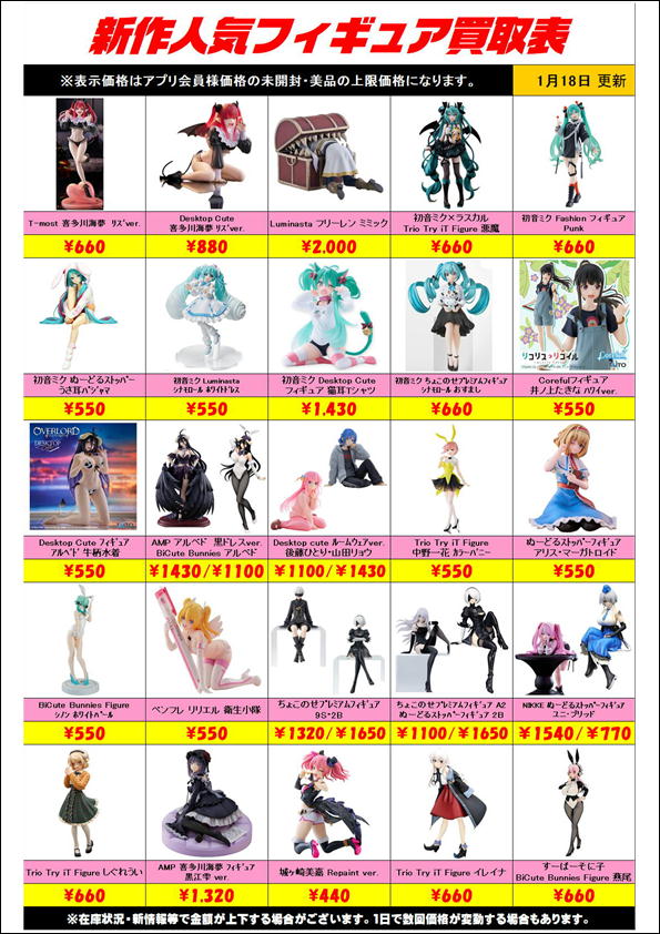 新作プライズフィギュア買取リスト更新しました！ 1/18～ | 千葉鑑定団 
