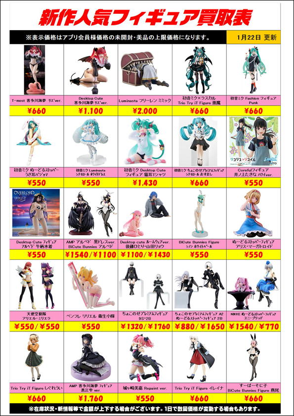 新作プライズフィギュア買取リスト更新しました！ 1/22～ | 千葉鑑定団 