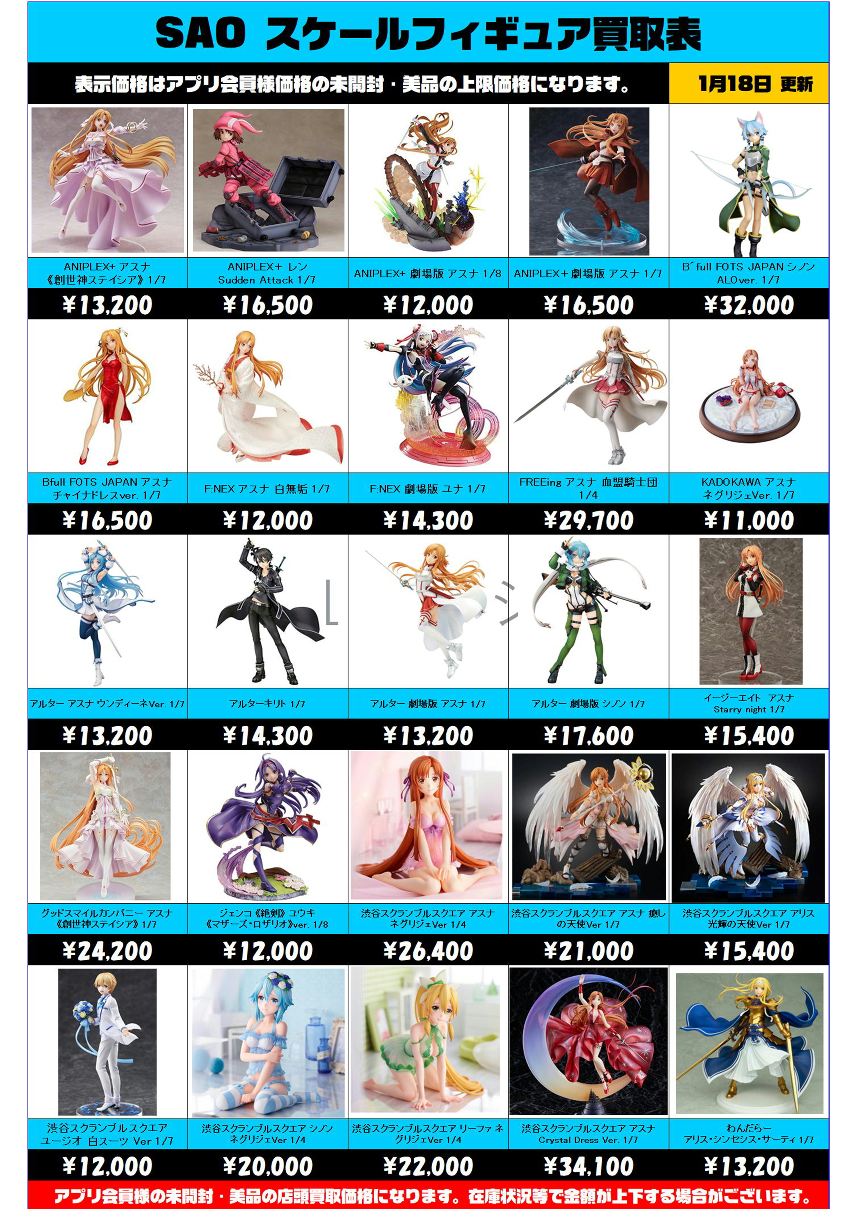 SAO スケールフィギュア買取表更新しました！！ 1/18～ | 千葉鑑定団船橋店