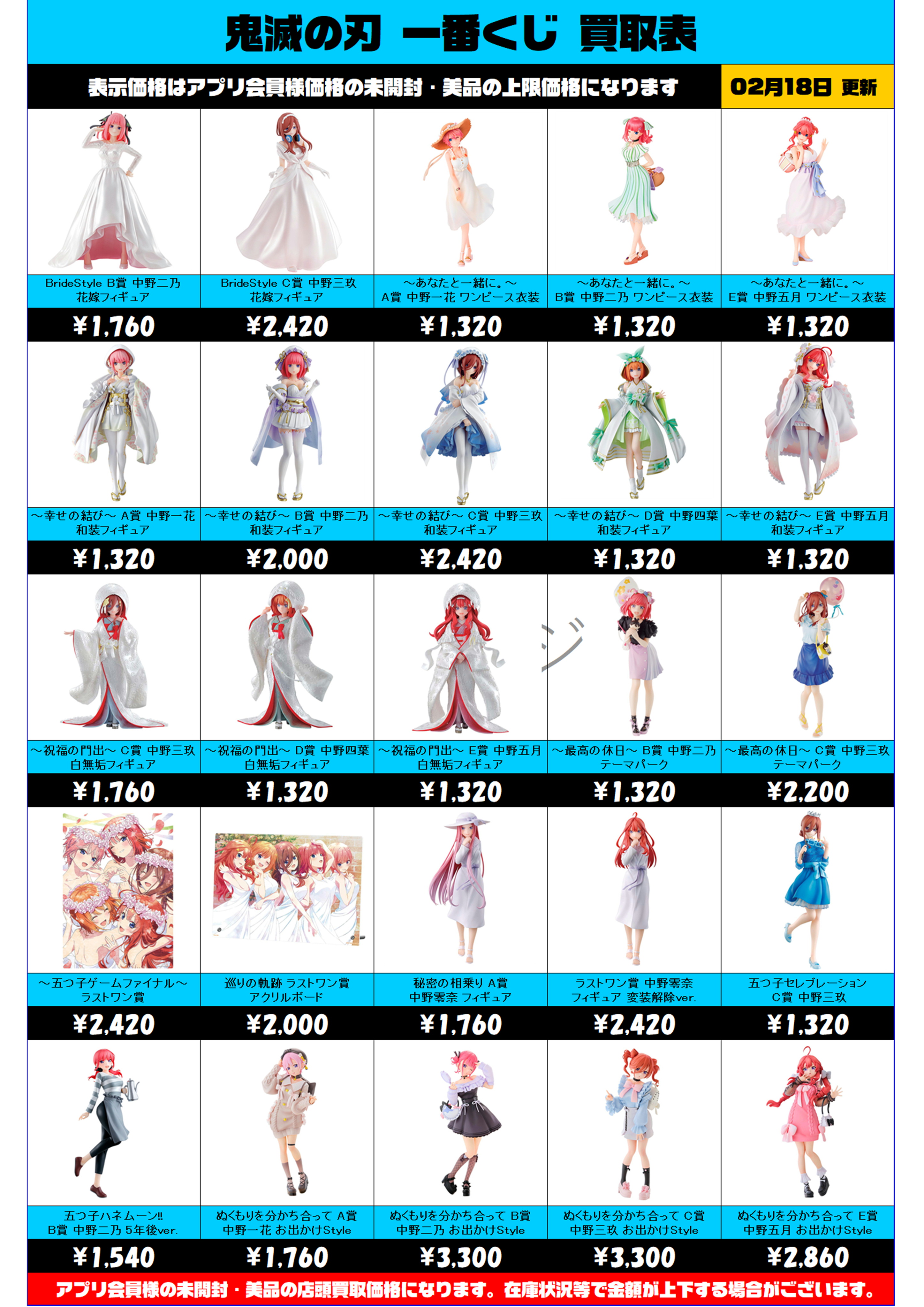 五等分の花嫁 一番くじ 買取表更新しました！ 2/18～ | 千葉鑑定団船橋店