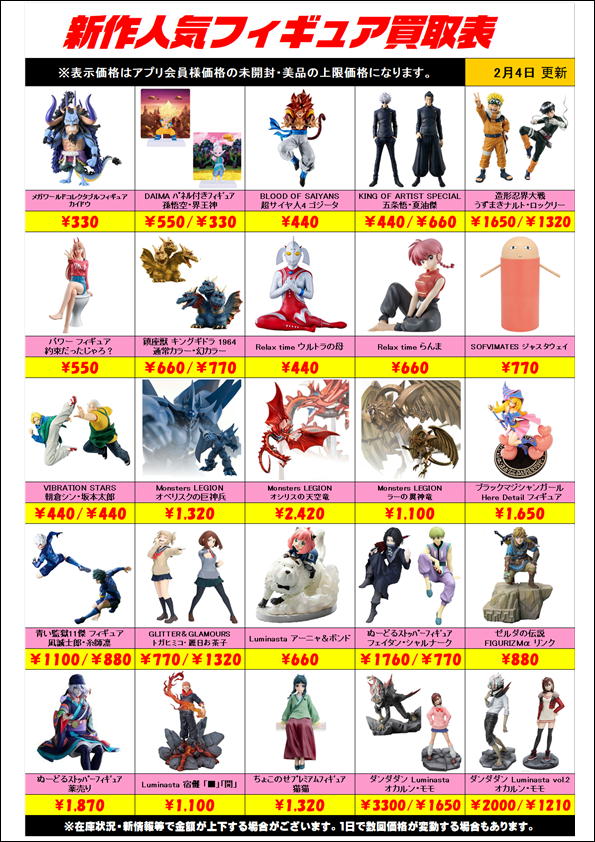 新作プライズフィギュア買取リスト更新しました！ 2/4～ | 千葉鑑定団 