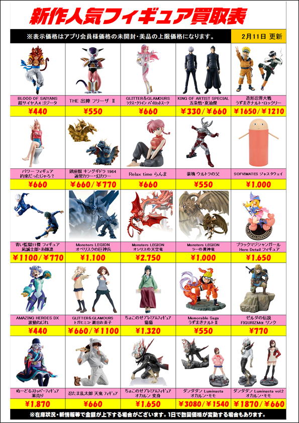 新作プライズフィギュア買取リスト更新しました！ 2/11～ | 千葉鑑定団 