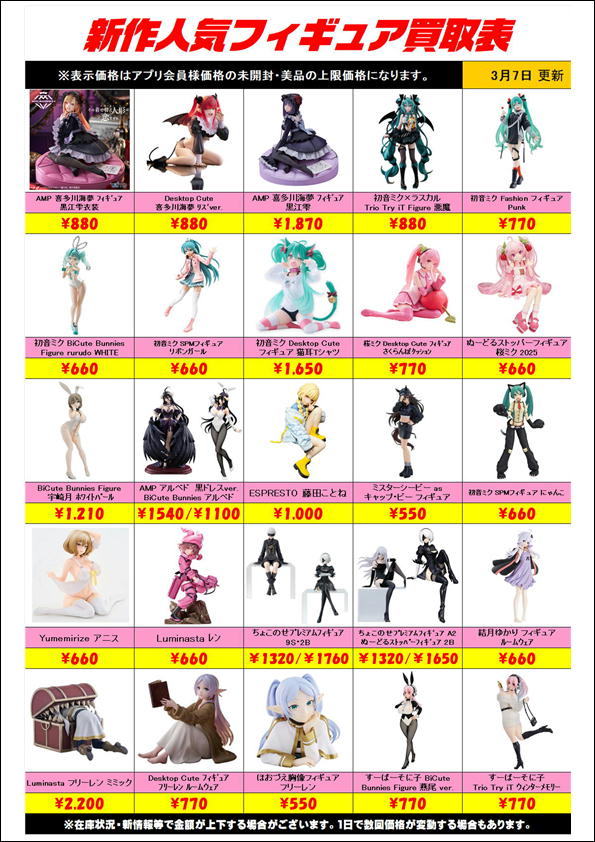 新作プライズフィギュア買取リスト更新しました！ 3/7～ | 千葉鑑定団 