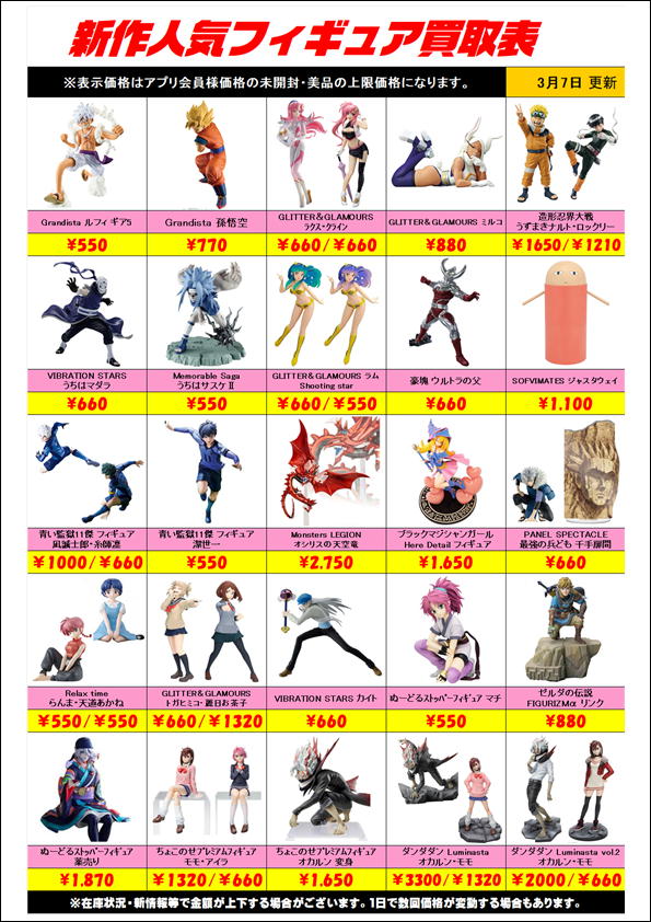 新作プライズフィギュア買取リスト更新しました！ 3/7～ | 千葉鑑定団 
