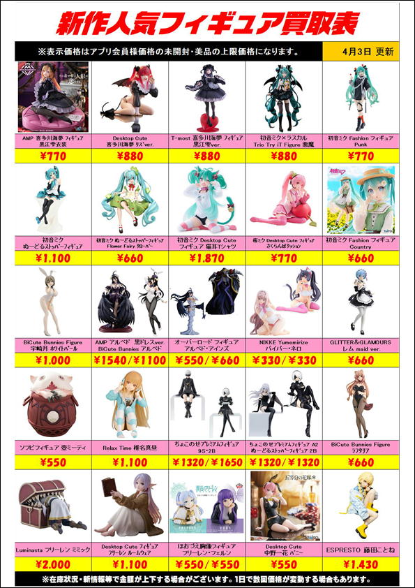 新作プライズフィギュア買取リスト更新しました！ 4/3～ | 千葉鑑定団 