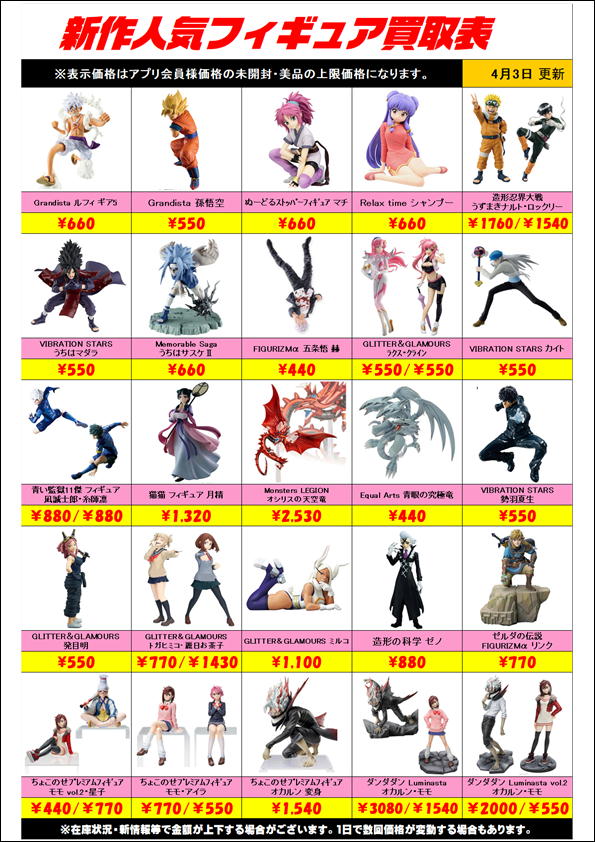新作プライズフィギュア買取リスト更新しました！ 4/3～ | 千葉鑑定団 