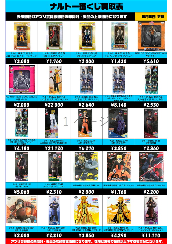 ナルト一番くじ買取表 更新しました！ 6/6～ | 千葉鑑定団船橋店