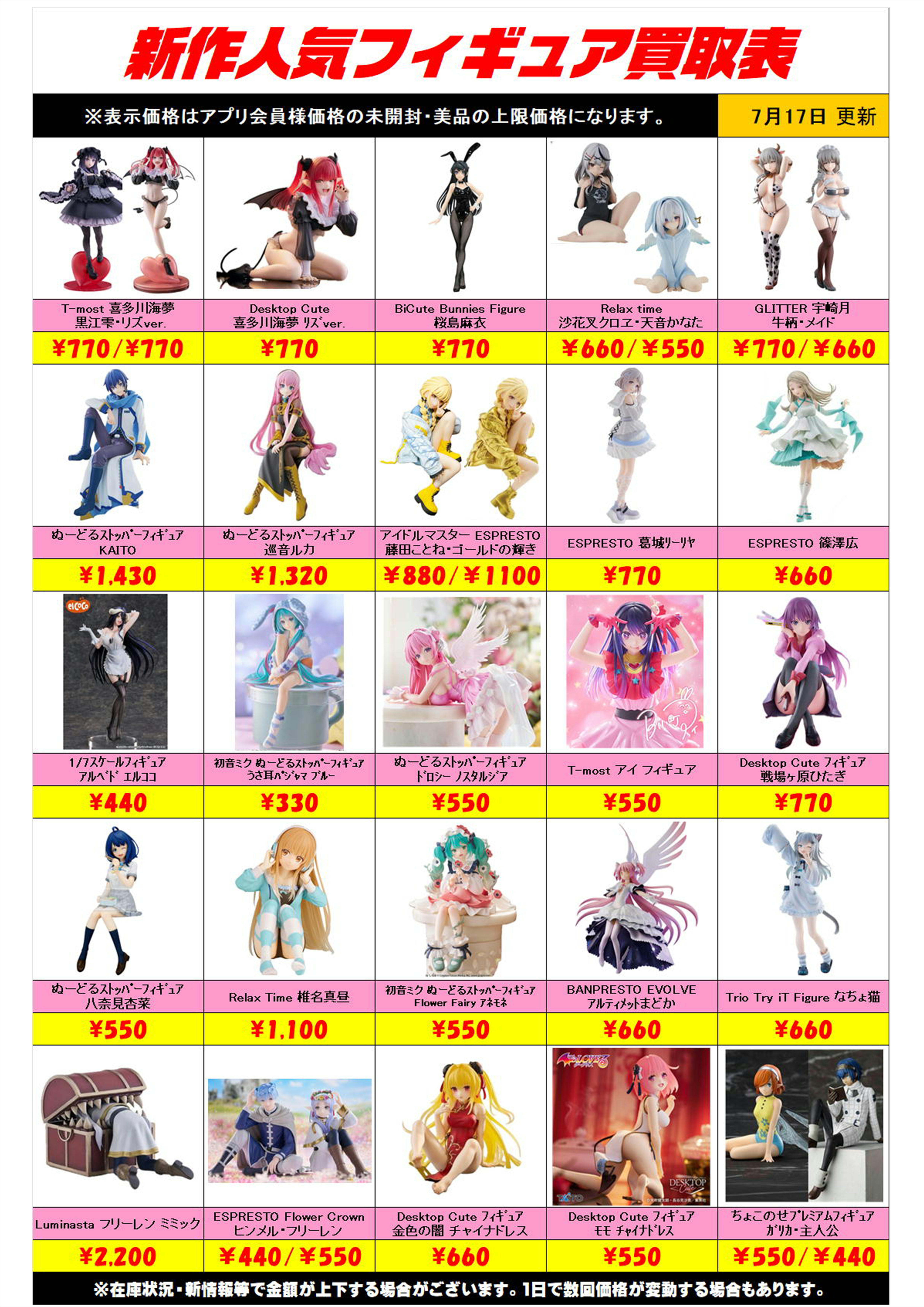 新作プライズフィギュア買取リスト更新しました！ 7/17～ プラスアップ 