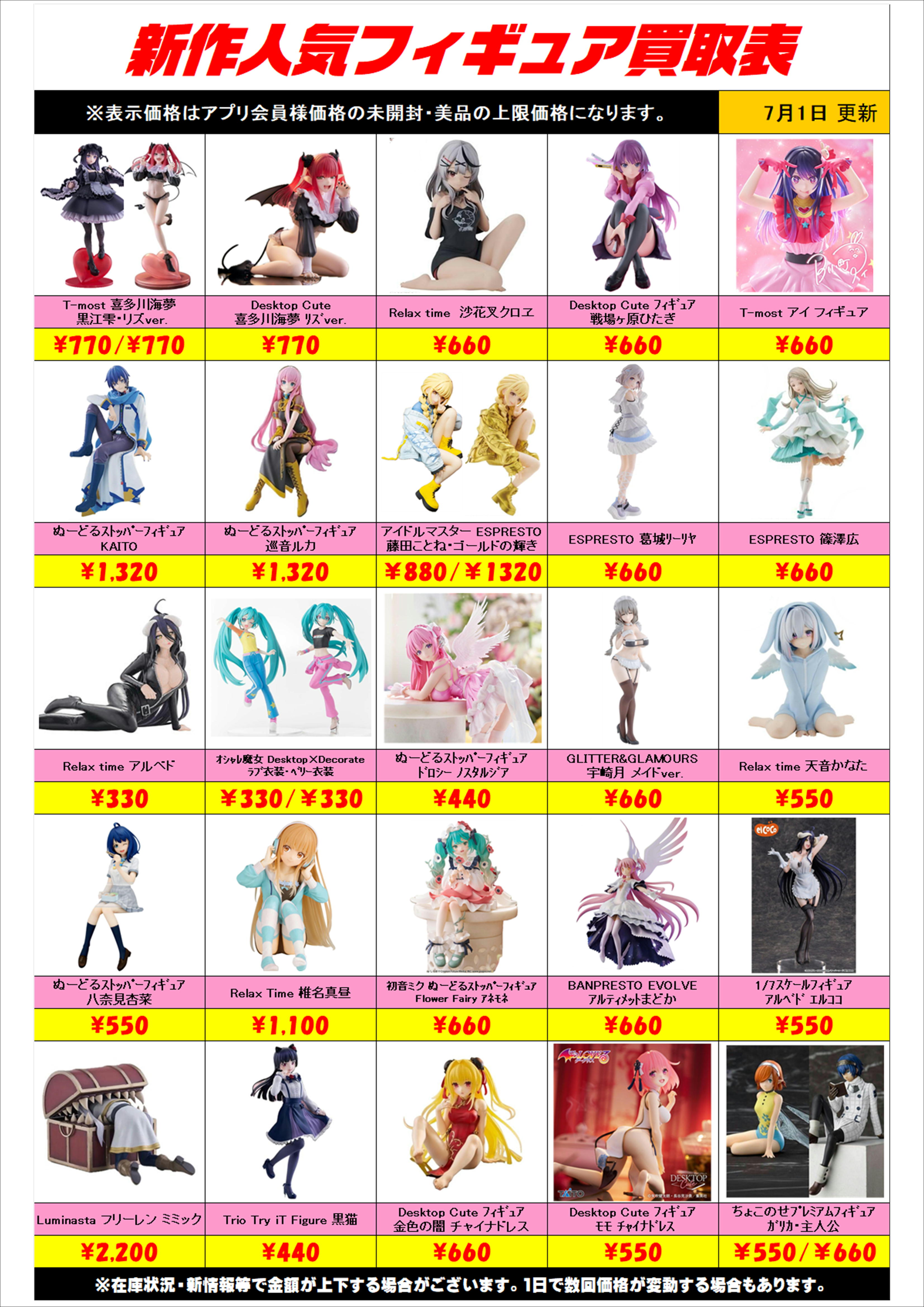 新作プライズフィギュア買取表更新しました！ 7/1～ プラスアップ 