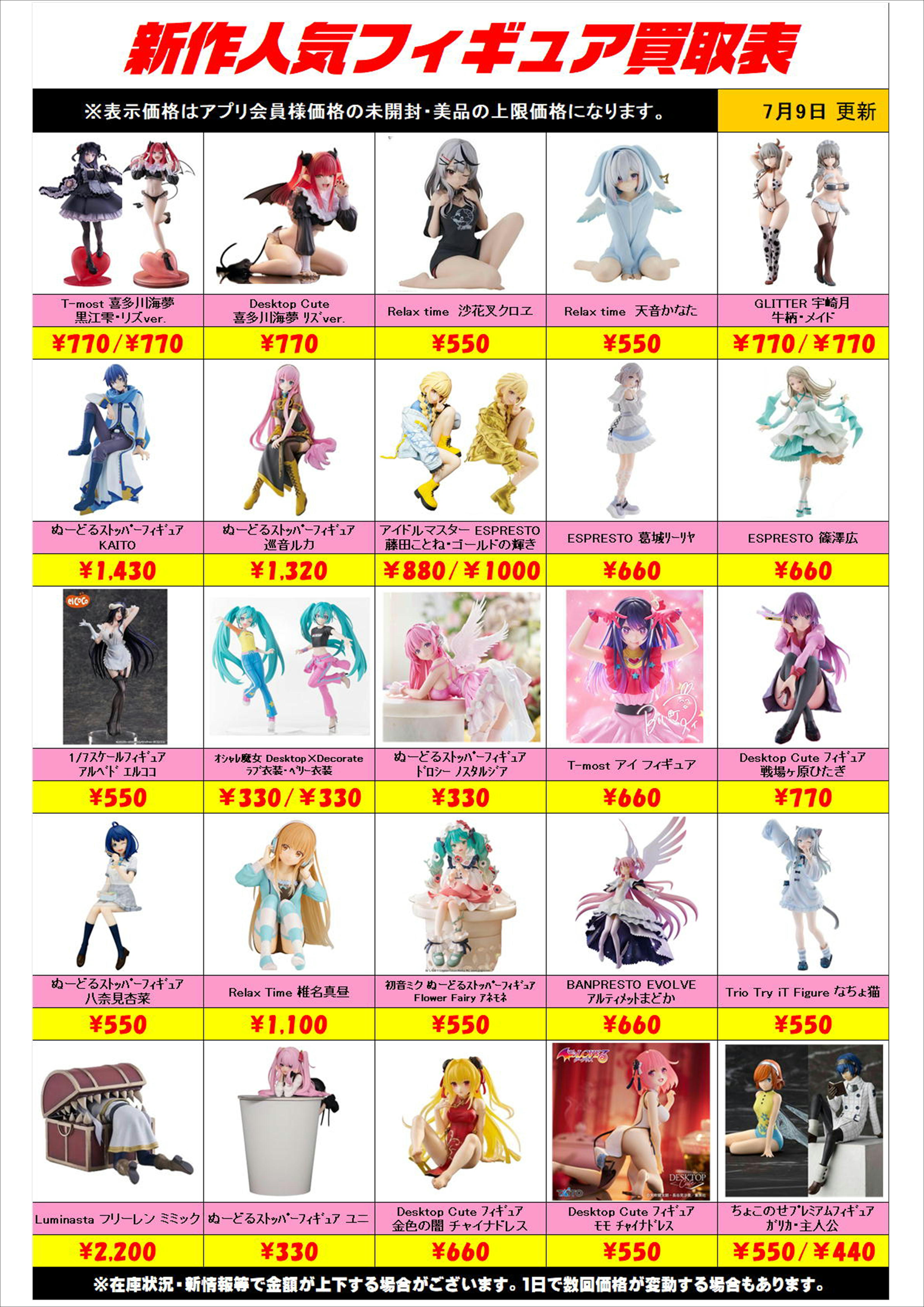 新作プライズフィギュア買取表リスト更新しました！ 7/9～ プラス 