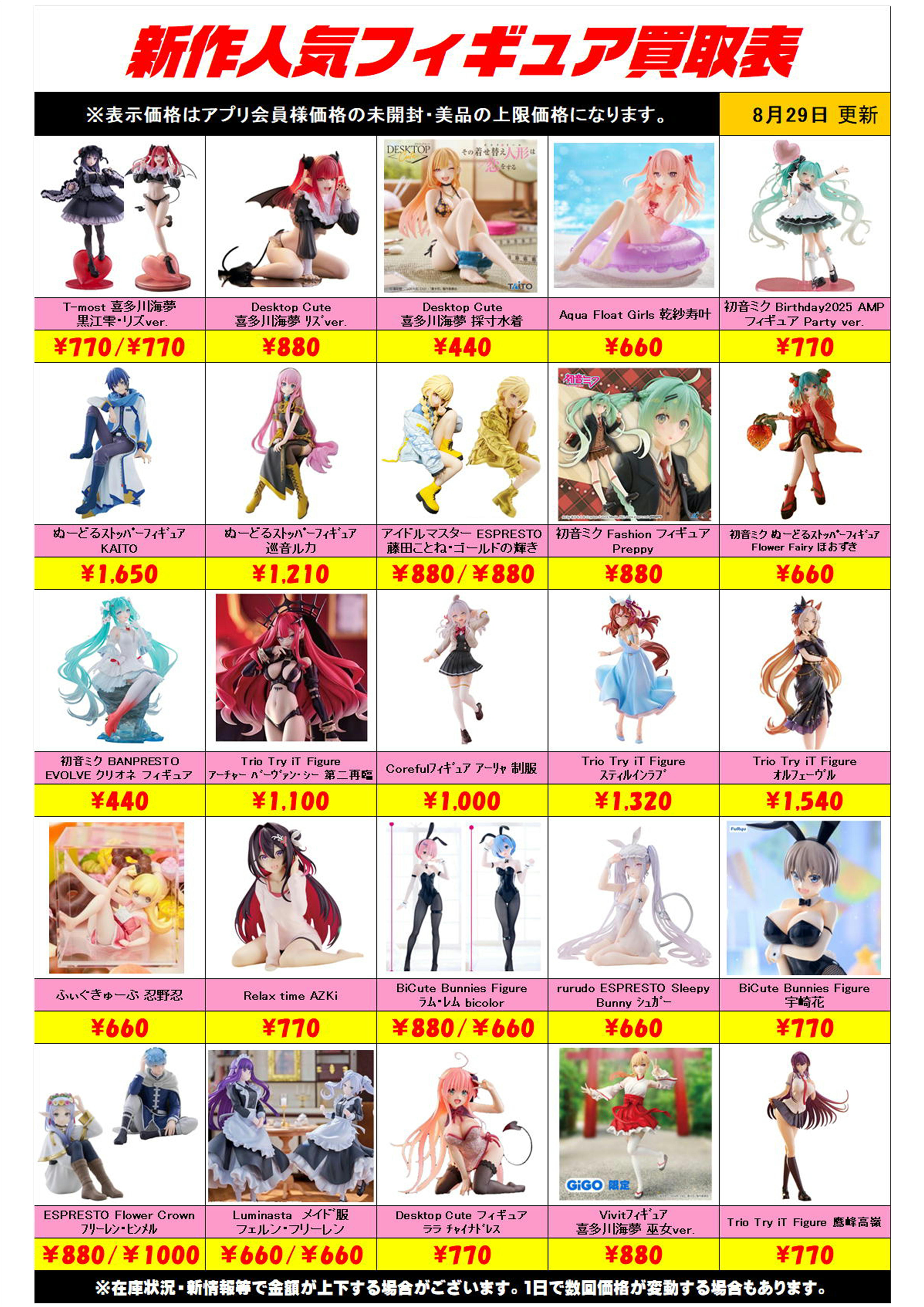 新作プライズフィギュア買取表更新しました！ 8/29～ プラスアップ 