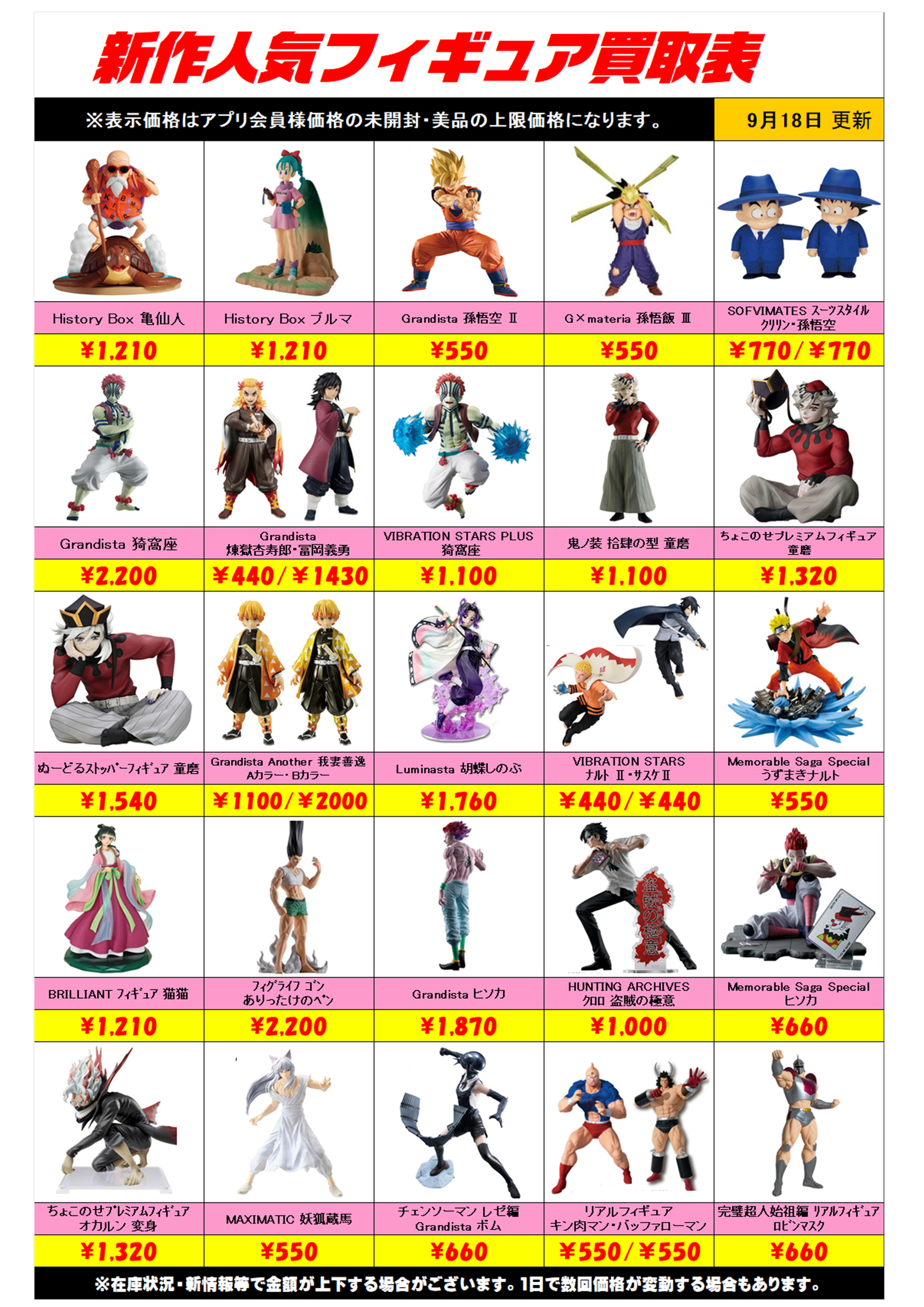 新作プライズフィギュア買取表更新しました！ 9/18～ プラスアップ 