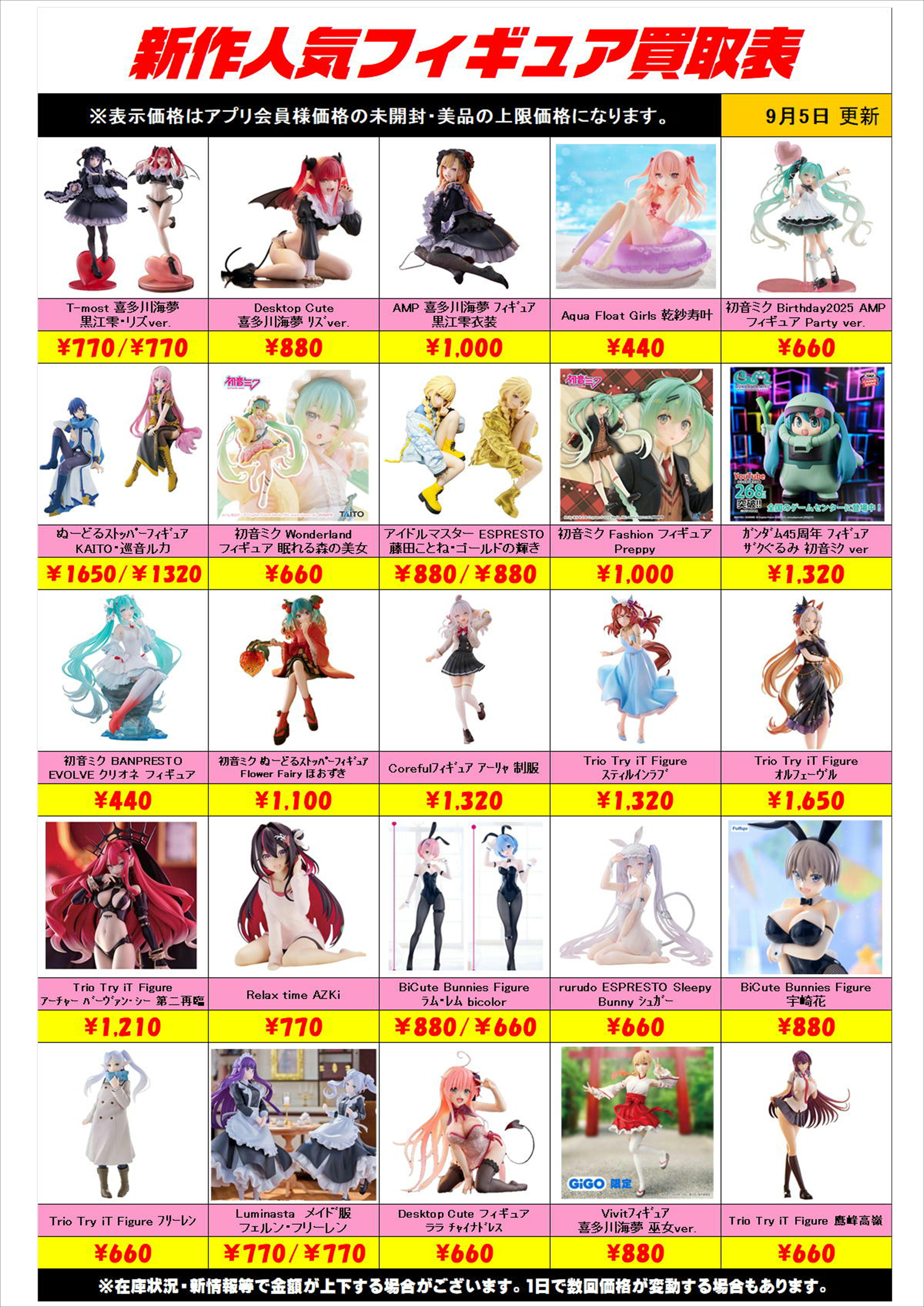 新作プライズフィギュア買取表更新しました！ 9/5～ プラスアップ 