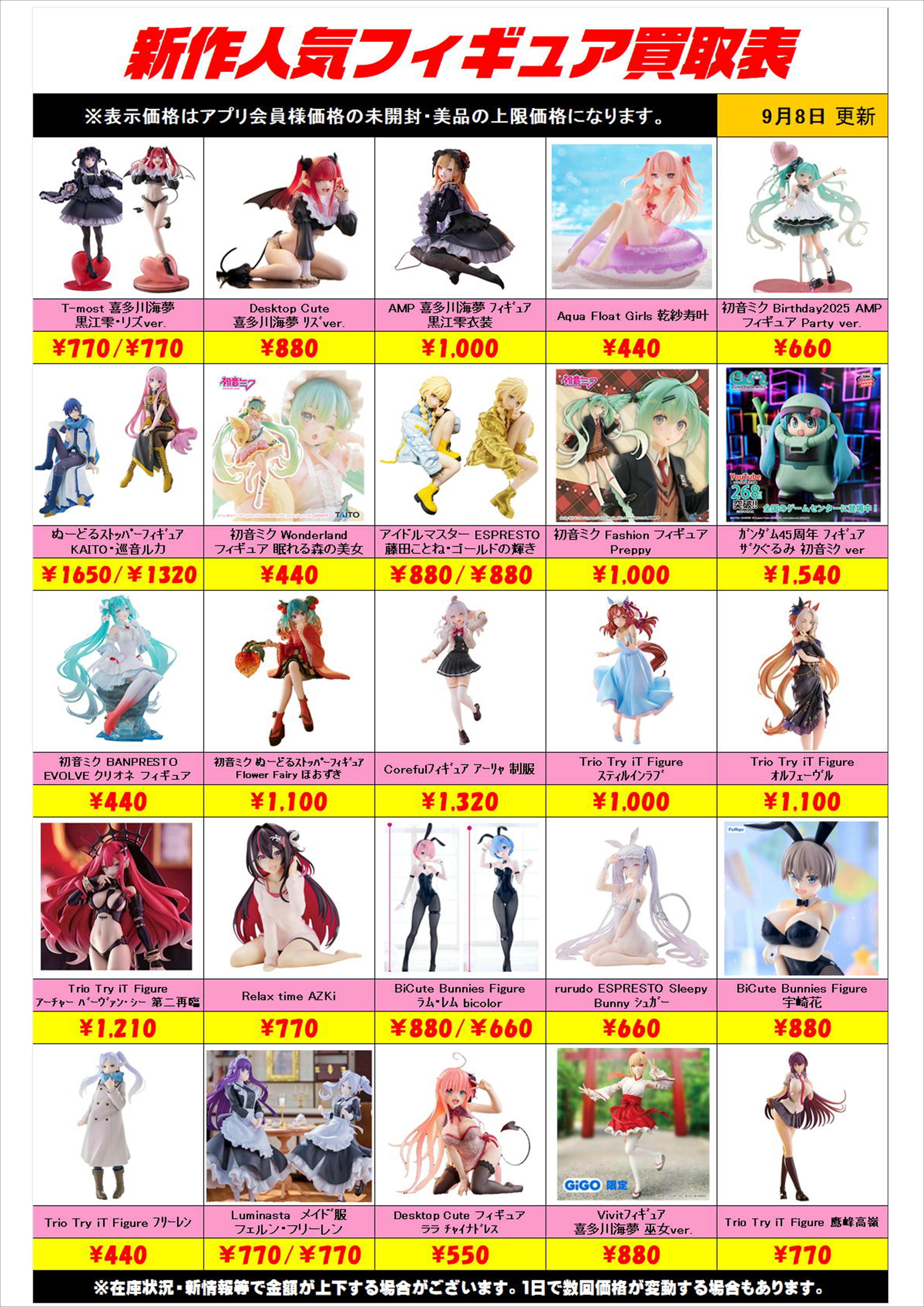 新作プライズフィギュア買取表更新しました！ 9/8～ プラスアップ 