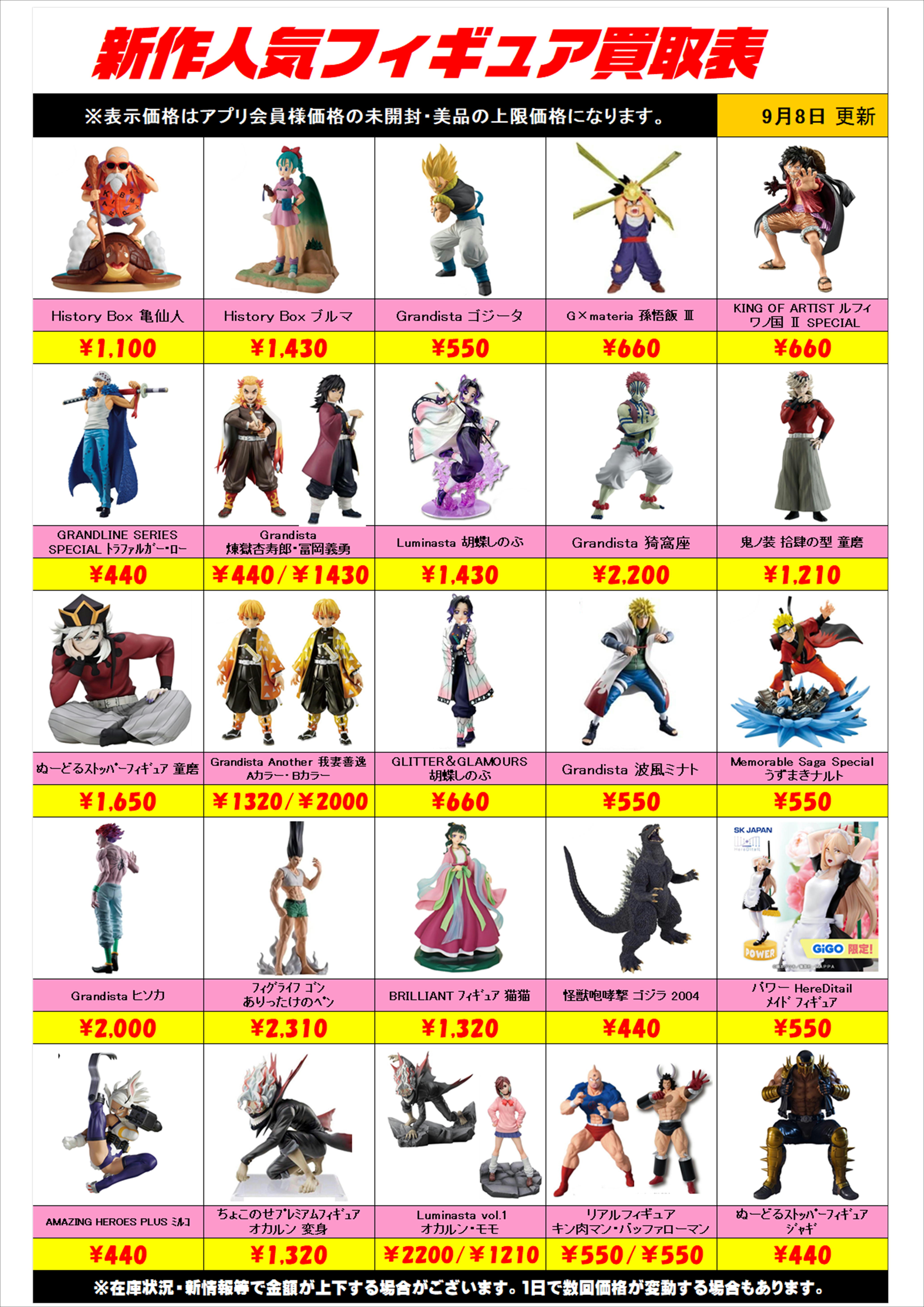 新作プライズフィギュア買取表更新しました！ 9/8～ プラスアップ 