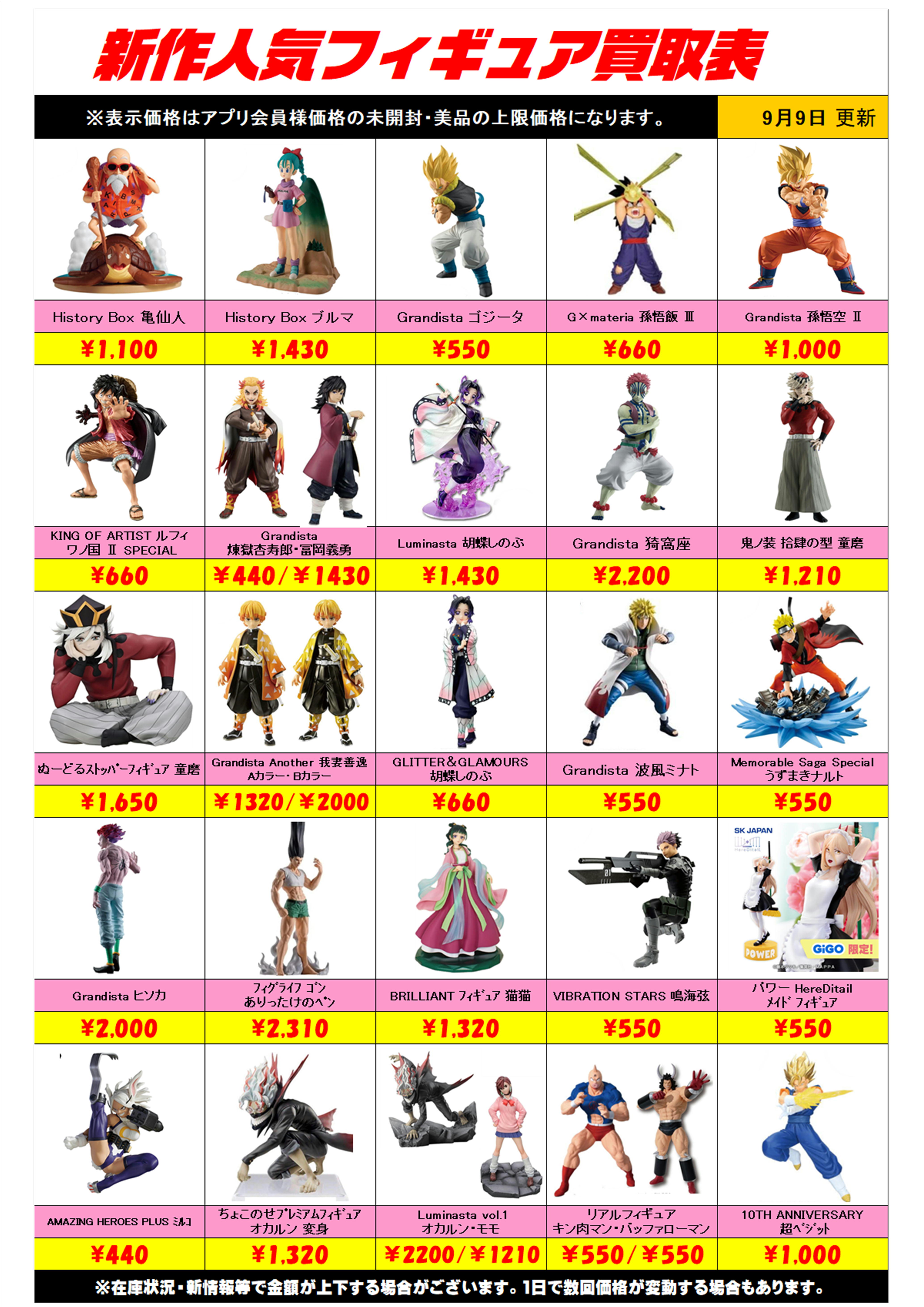 新作プライズフィギュア買取表更新しました！ 9/9～ プラスアップ 