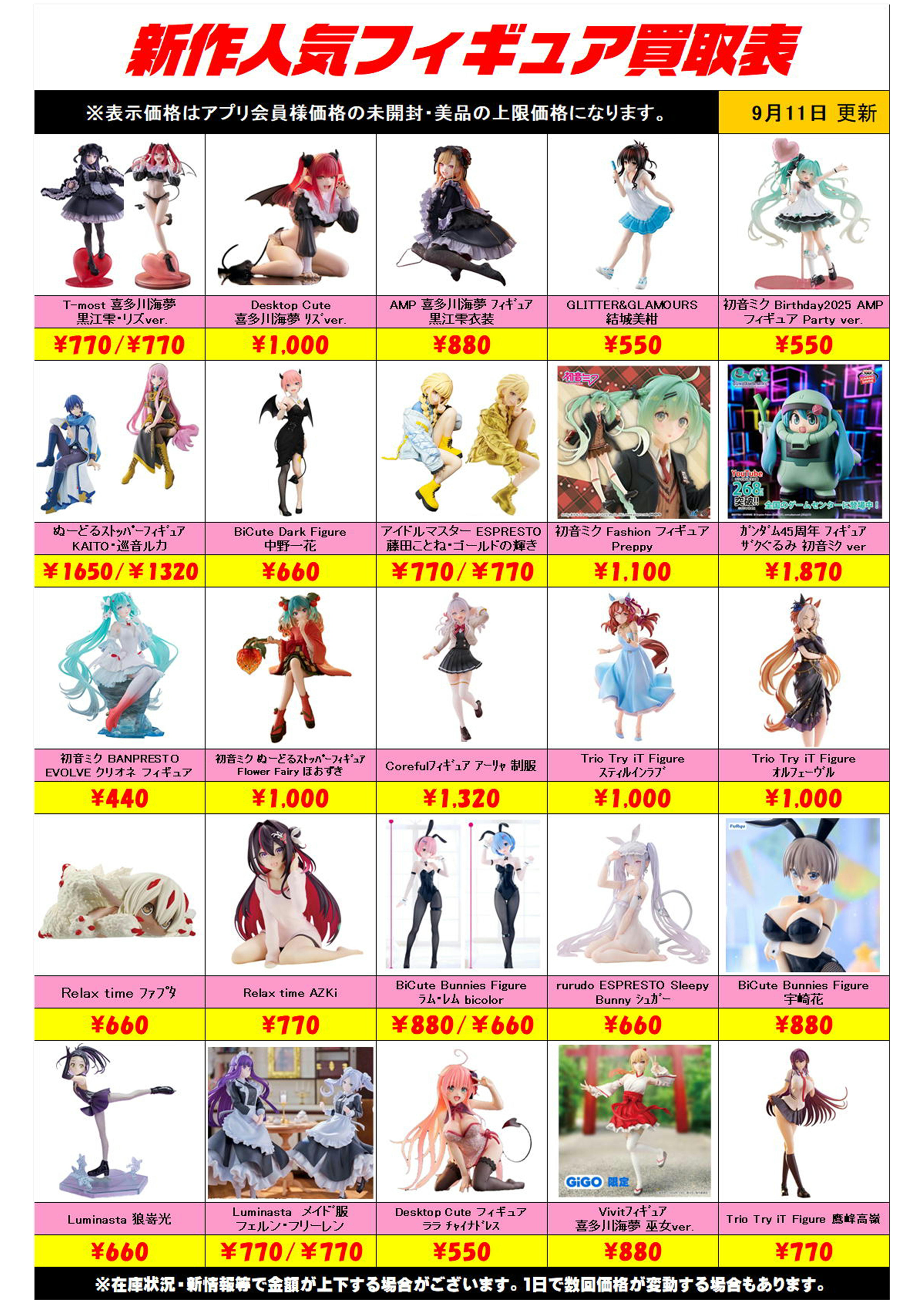 新作プライズフィギュア買取表更新しました！ 9/11～ プラスアップ 