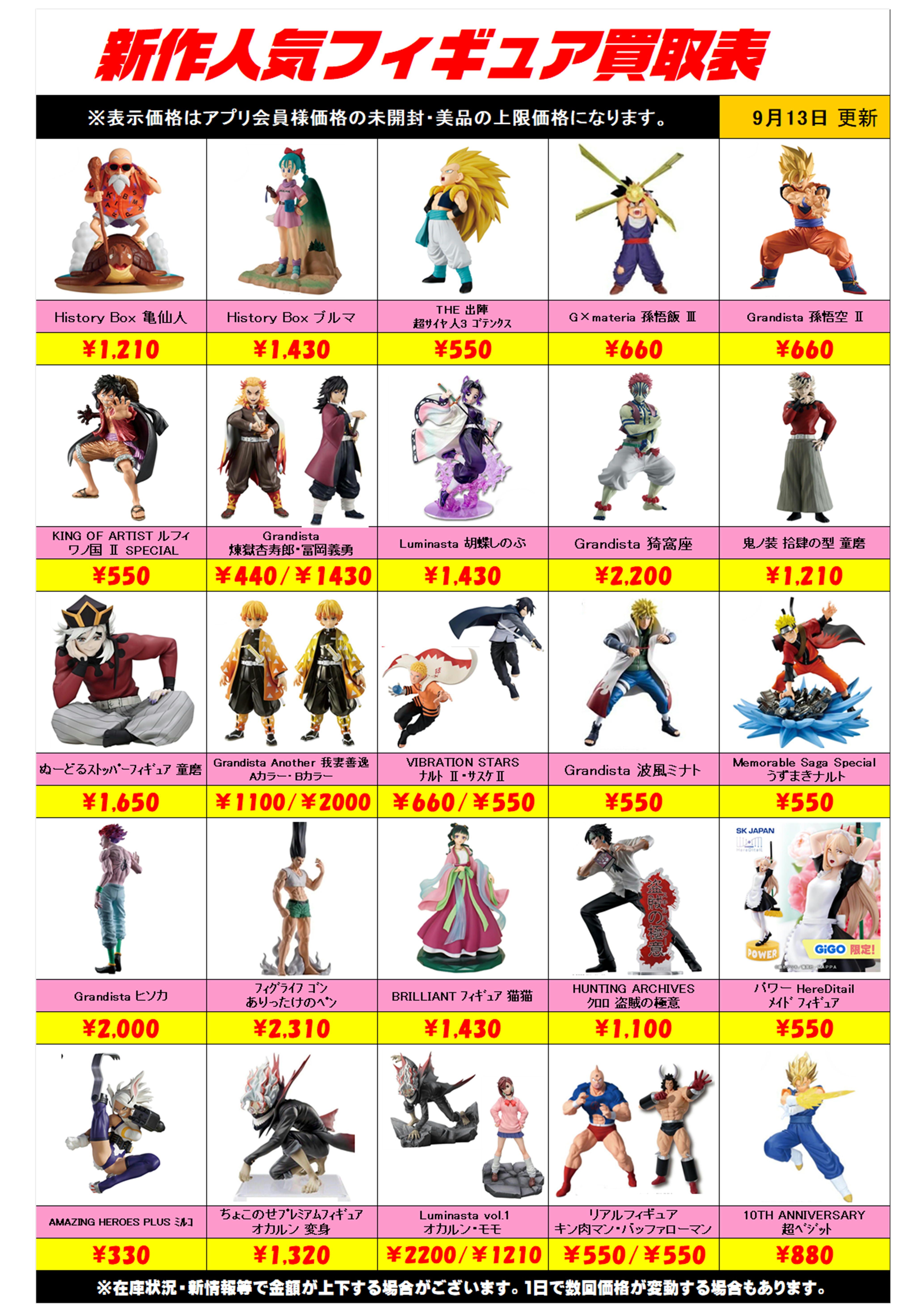 新作プライズフィギュア買取表更新しました！ 9/13～ プラスアップ 