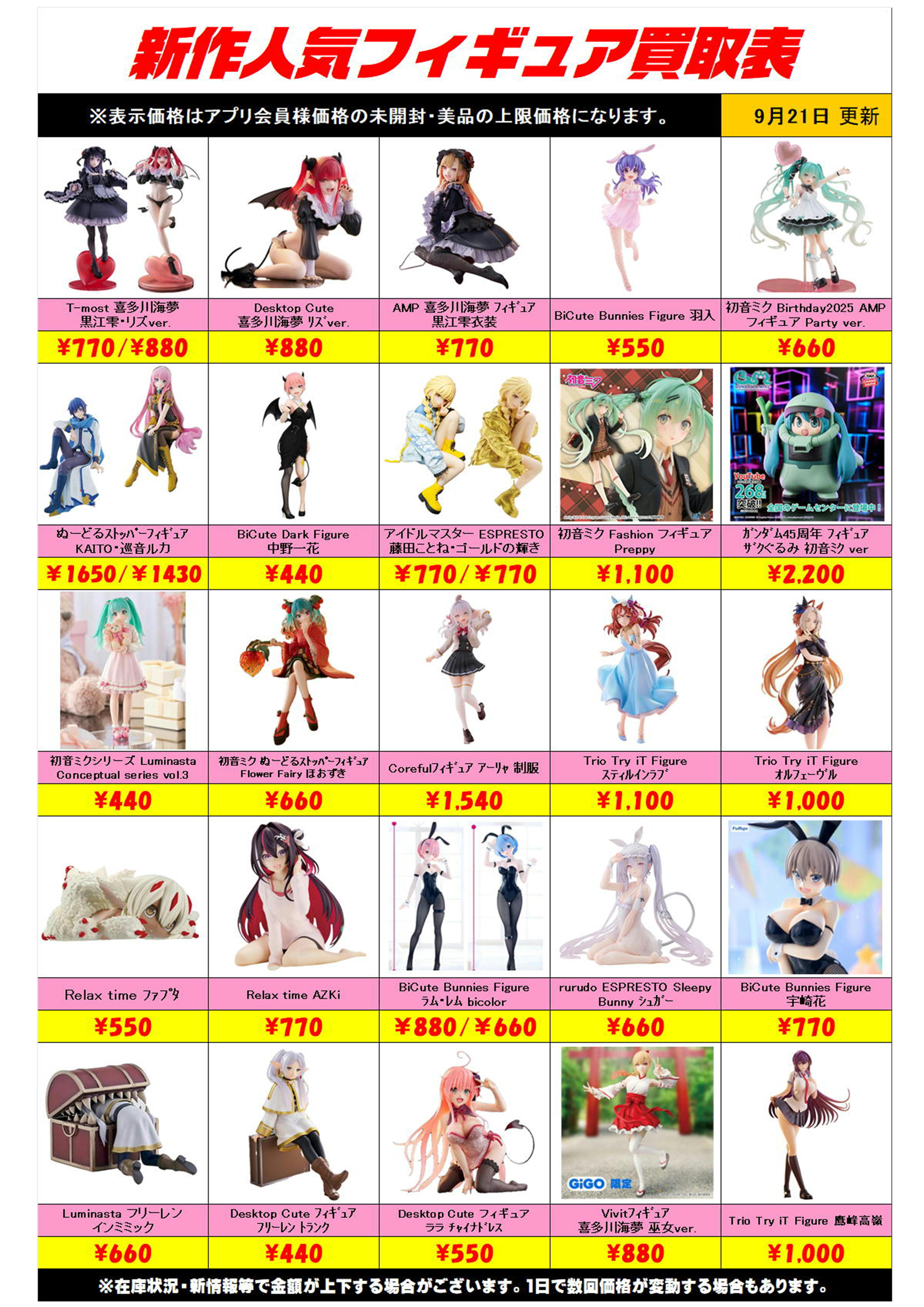 新作プライズフィギュア買取リスト更新しました！ 9/21～ プラスアップ 