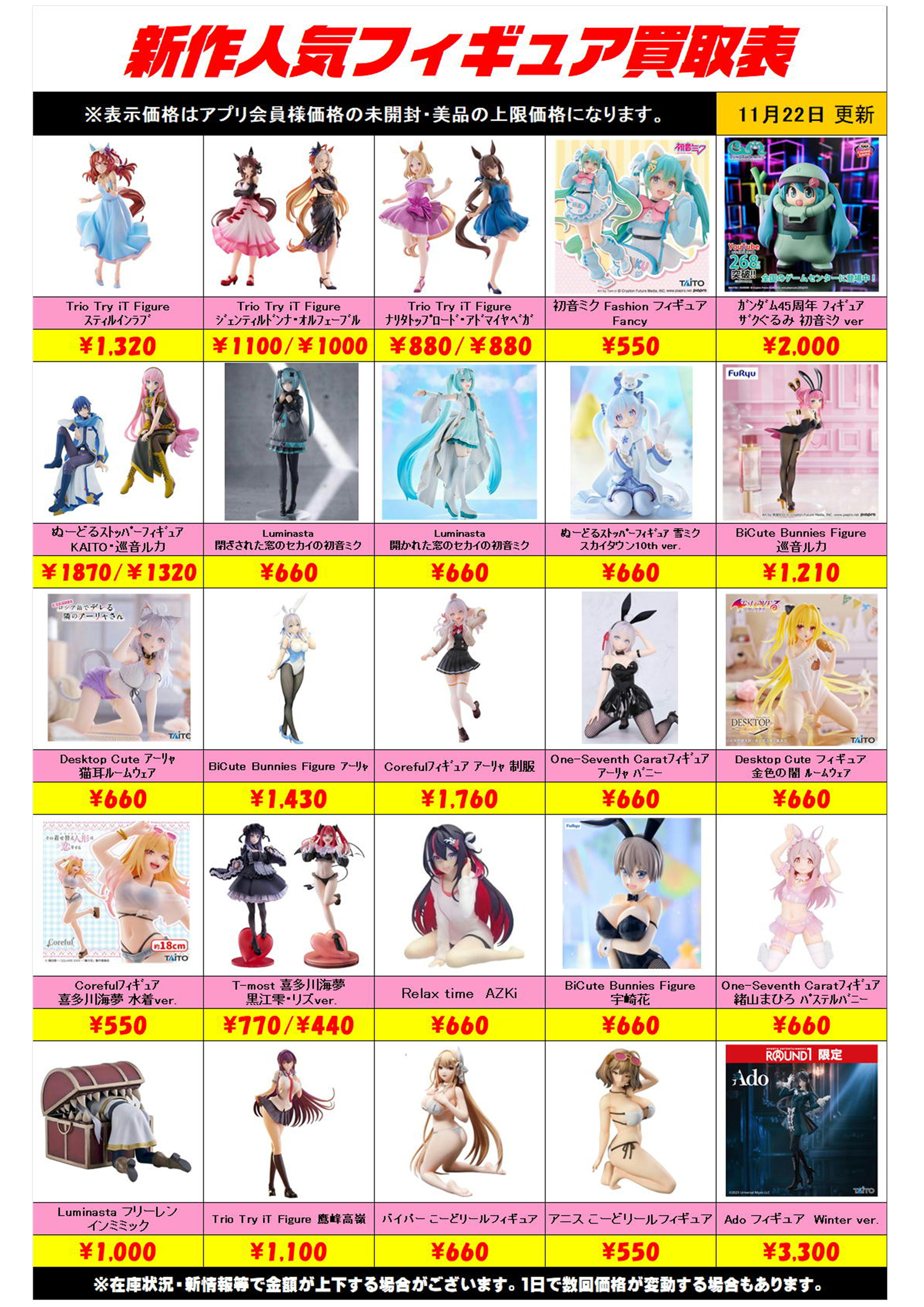 新作プライズフィギュア買取リスト更新しました！ 11/22～ プラス 